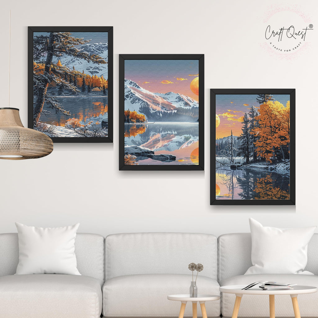 CRAFT QUEST Modern Art Paintings With Lake & Mountains Wall Art | Set of 3 Frames for Home Decoration | Ideal for Living Room, Bedroom & Offices