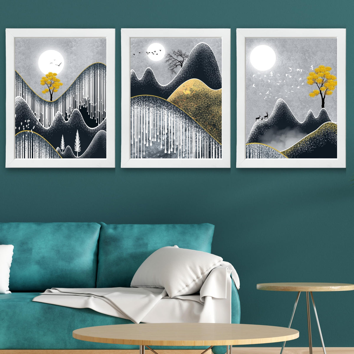 CRAFT QUEST Abstract Art Geometric Figures Decorative Murals | Set of 3 Frames for Home Decoration | Ideal for Living Room, Bedroom & Offices