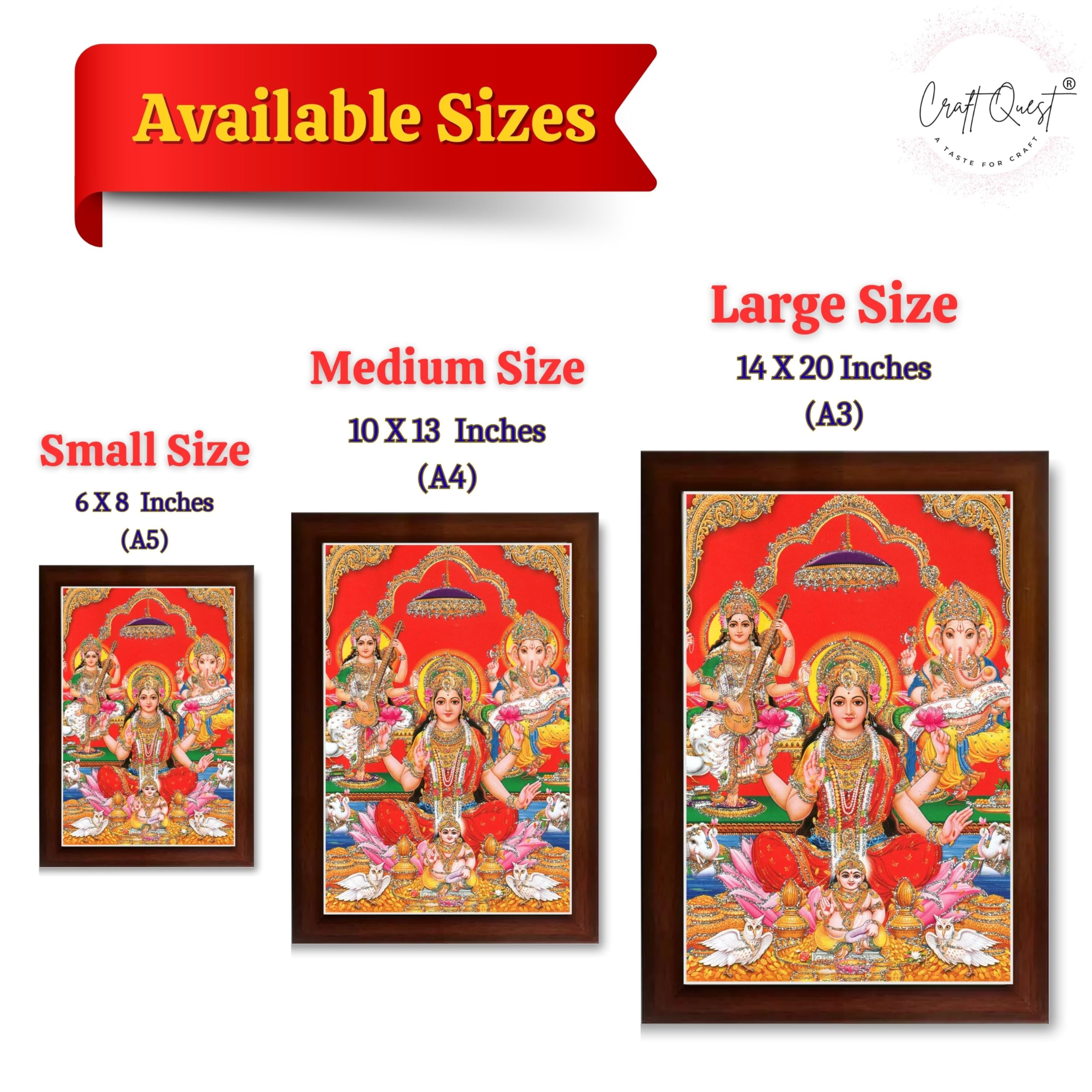 CRAFT QUEST Lord Laxmi Ganesh Saraswati Religious God Hindu Photo Frame for Diwali,Wall, Office, Temple, Pooja, Living Room Home and Decor Item