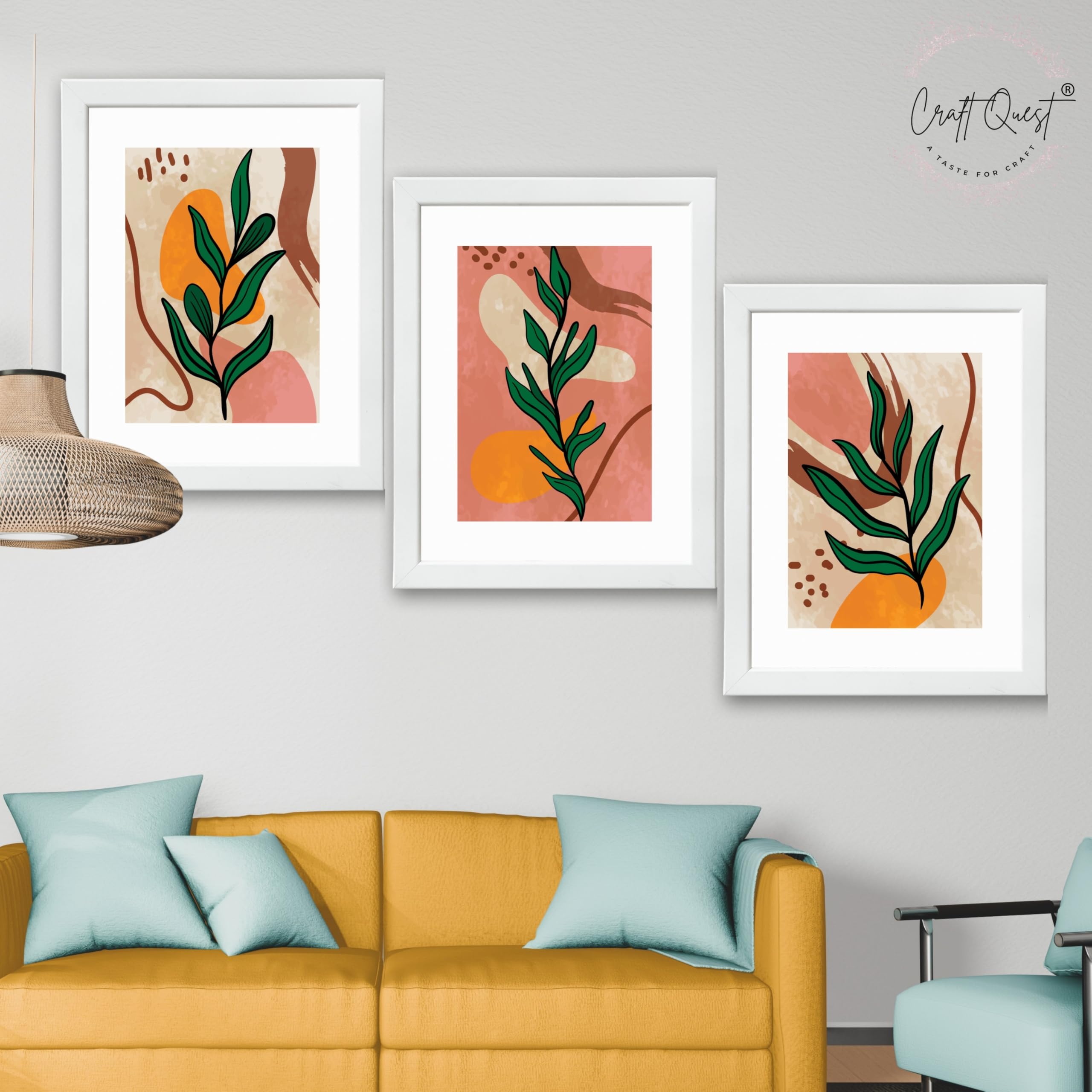 CRAFT QUEST Wall Art Decor Paintings | Set of 3 BOHO Wall Art Frames for Home Decoration | Ideal for Living Room, Bedrooms & Office