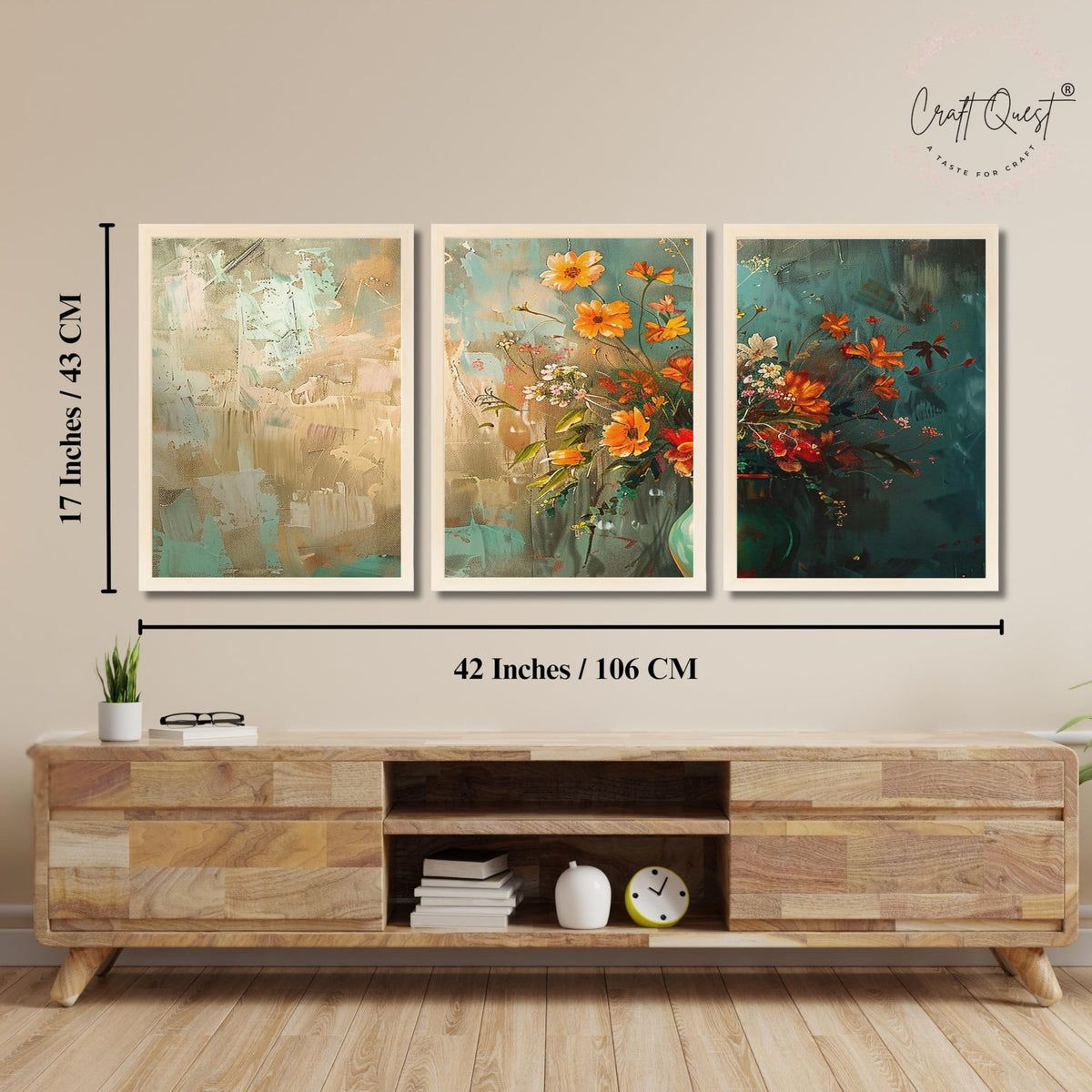 CRAFT QUEST Nature Inspired Paintings Of Flowers Wall Art | Set of 3 Frames for Home Decoration | Ideal for Living Room, Bedroom & Office
