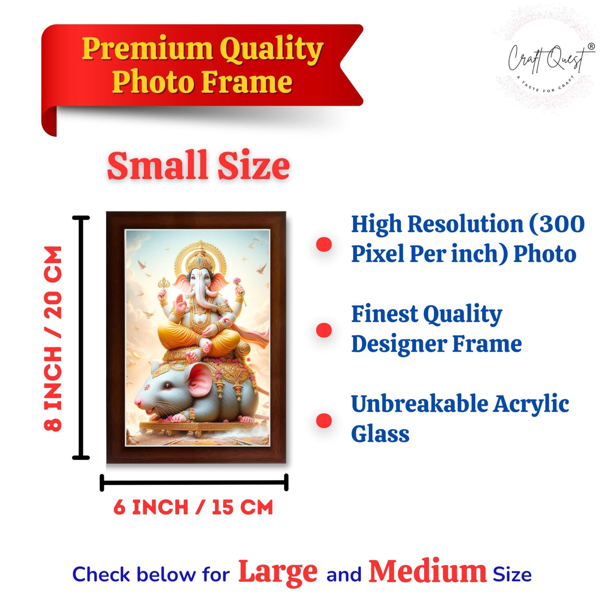 CRAFT QUEST God Ganpati ji Photo Frame Wall Decor Mandir Pooja Poster Religious Painting Divine Hindu Temple Decoration Spiritual Blessings Home Office Gift