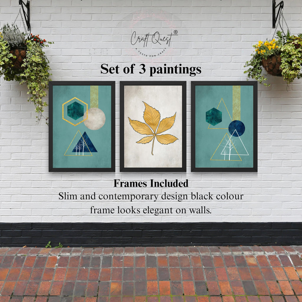 CRAFT QUEST Modern Art Shapes & Leaf Abstract | Set of 3 Frames for Home Decoration | Ideal for Living Room, Bedroom & Offices