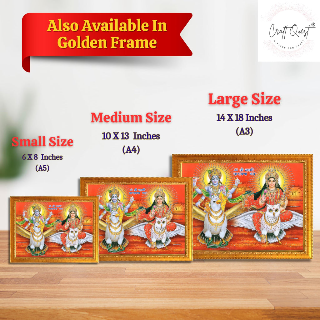 CRAFT QUEST Lord Vishnu and Goddess Lakshmi Giving Blessing on Garud Jii, Glitter Work Painting wooden frame