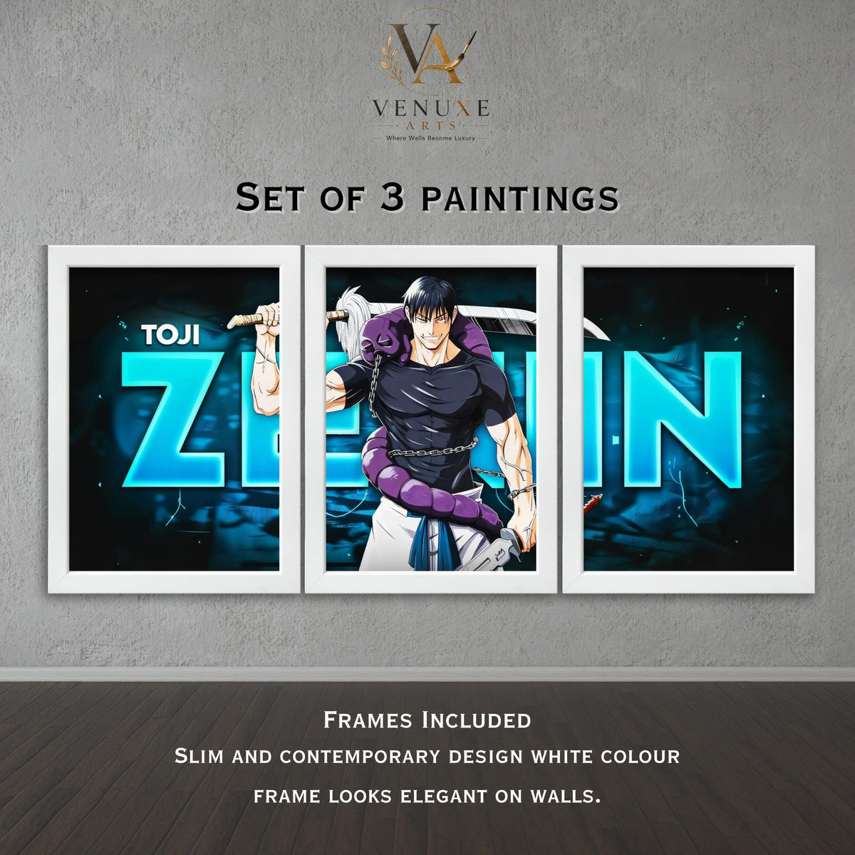 VENUXE ARTS Set Of 3 Anime Characters Wall Framed |Anime Characters Framed Poster for Living Room Bedroom Gaming Room Studio Wall Decor