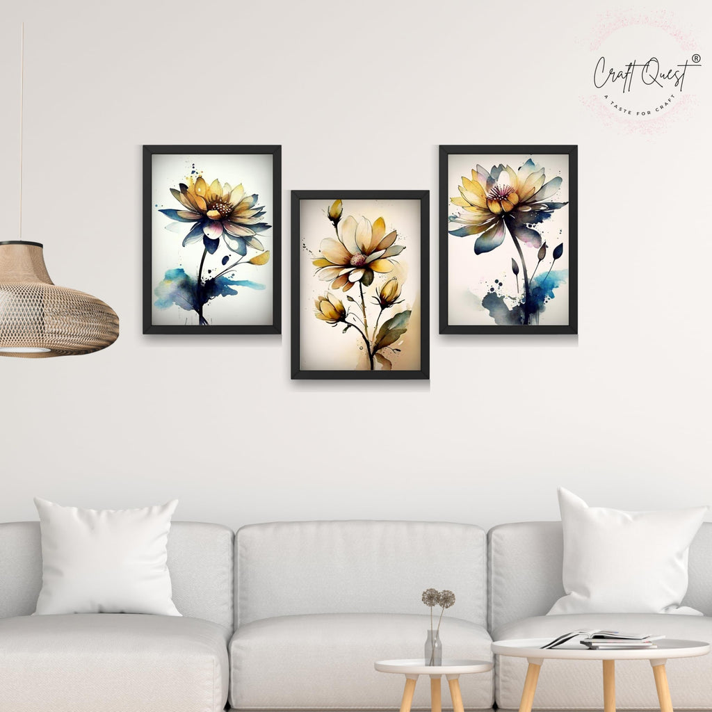 CRAFT QUEST Nature Inspired Triptych Flowers Abstract Wall Art | Set of 3 Frames for Home Decoration | Ideal for Living Room, Bedroom & Office