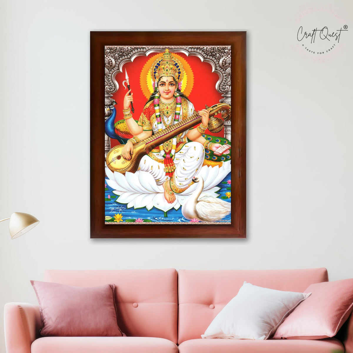 CRAFT QUEST Saraswati Devi Goddess Saraswathi Maa Wall Painting Sparkle Coated Framed Home Décor Synthetic wooden Frame