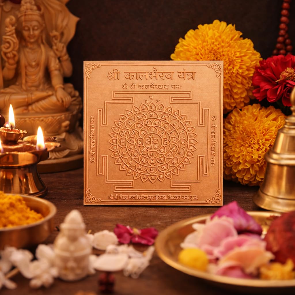 CRAFT QUEST Shree Kaal Bhairav Yantra Yantra Orignal - Copper - (3 X 3 inches, Brown)
