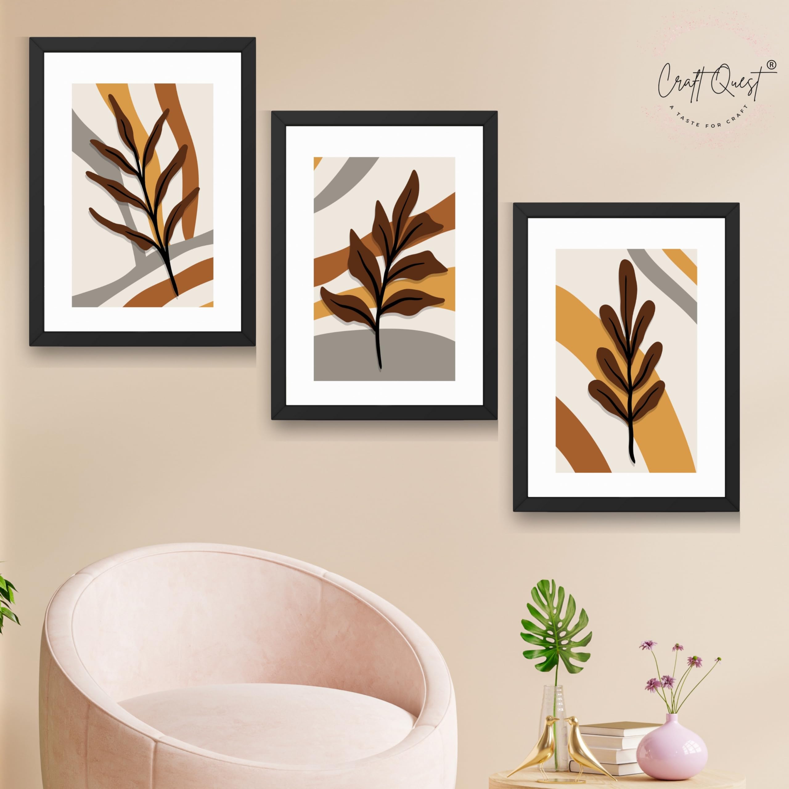 CRAFT QUEST Wall Art Decor Paintings | Set of 3 BOHO Wall Art Frames for Home Decoration | Ideal for Living Room, Bedrooms & Offices
