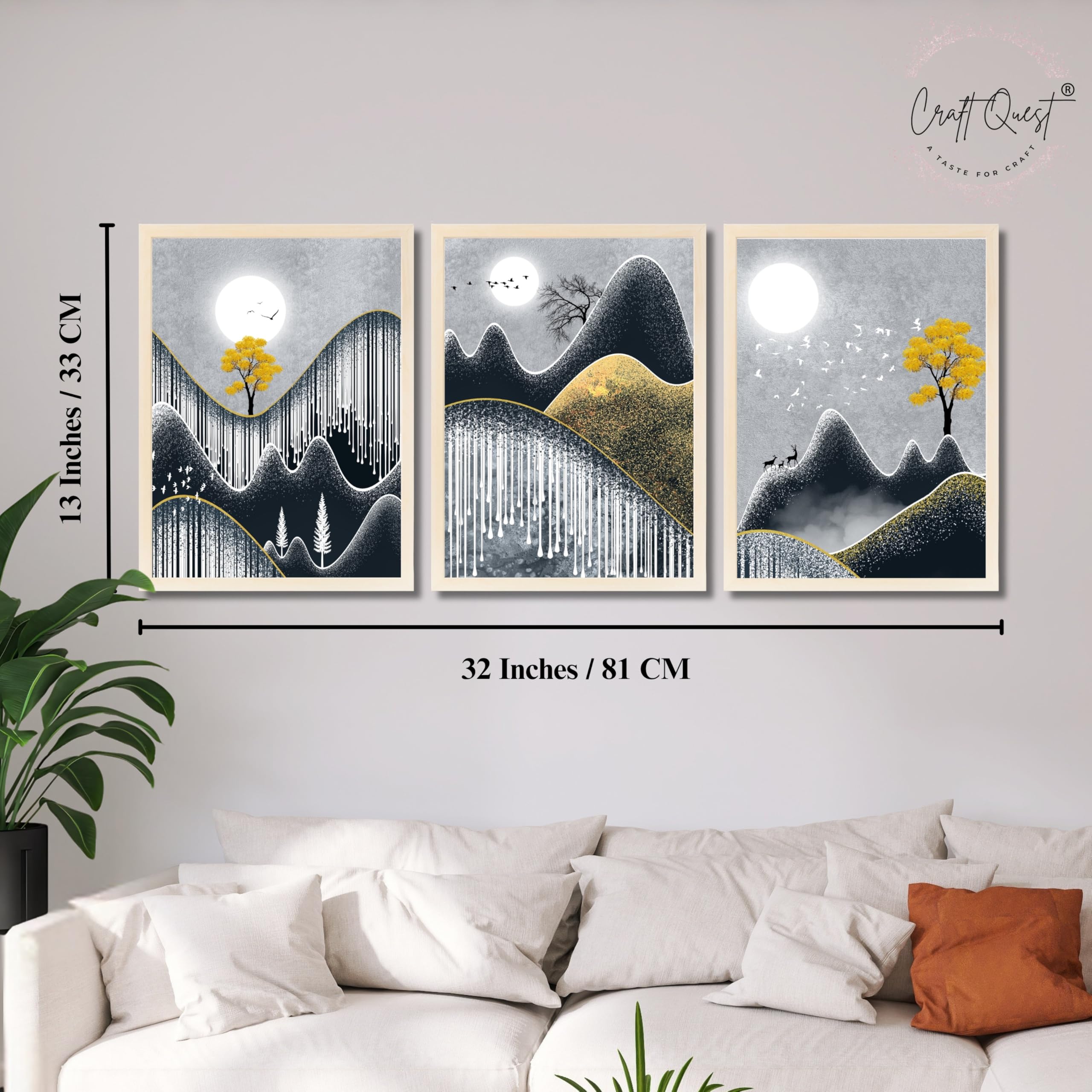 CRAFT QUEST Abstract Art Geometric Figures Decorative Murals | Set of 3 Frames for Home Decoration | Ideal for Living Room, Bedroom & Offices