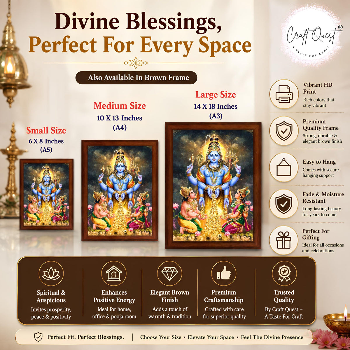 CRAFT QUEST Lord Swarnakarshana Bhairava Swamy With Lakshmi Devi and Kuber Bhagwan Religious Wall Photo Frame |Dhan Bhairav Frame for Home, Office, Temple & Gifting