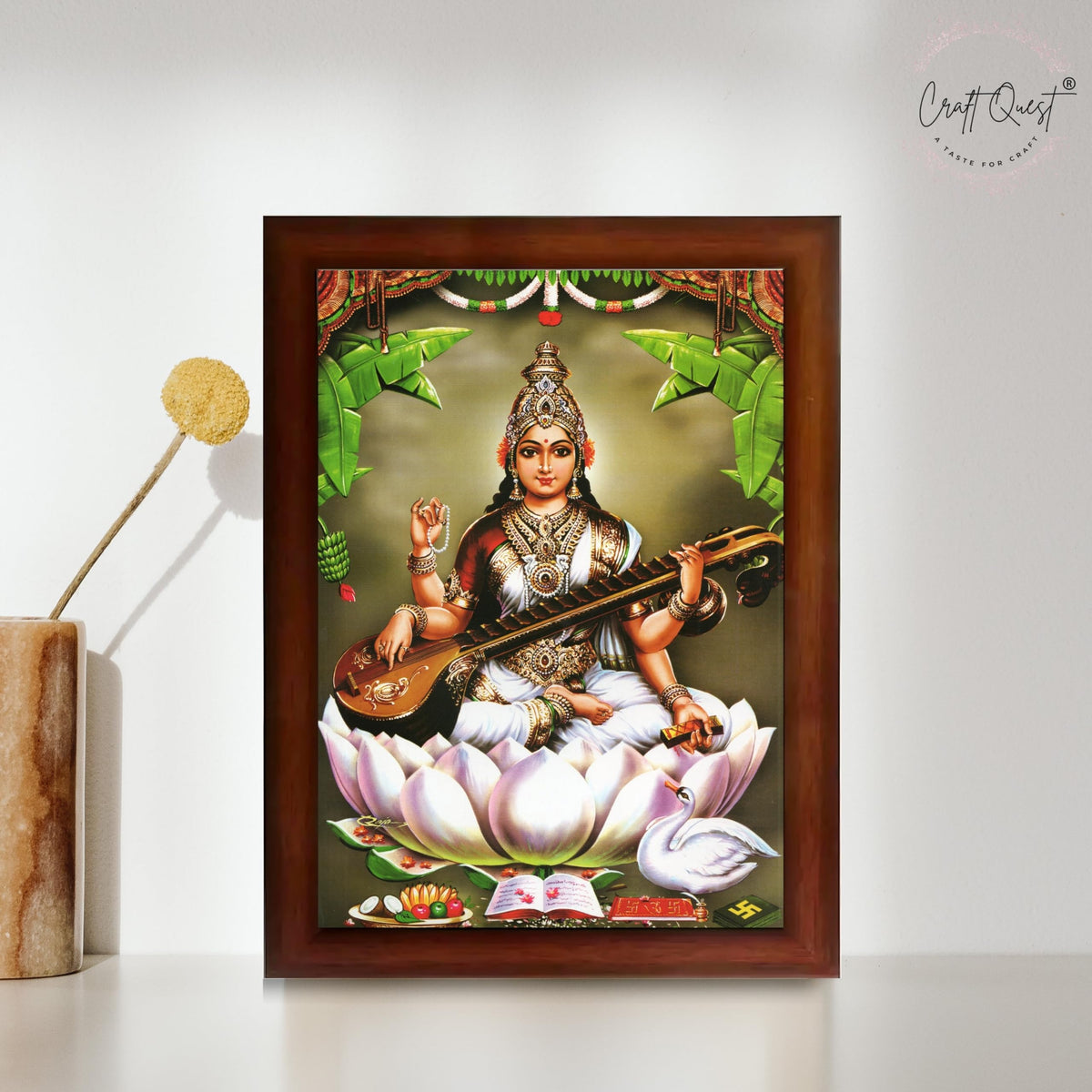 CRAFT QUEST Saraswati Devi Goddess Saraswathi Maa Photo Frame | Religious Photo Frame | Ideal for Home, Office, Temple & Puja Room, Wall Decor