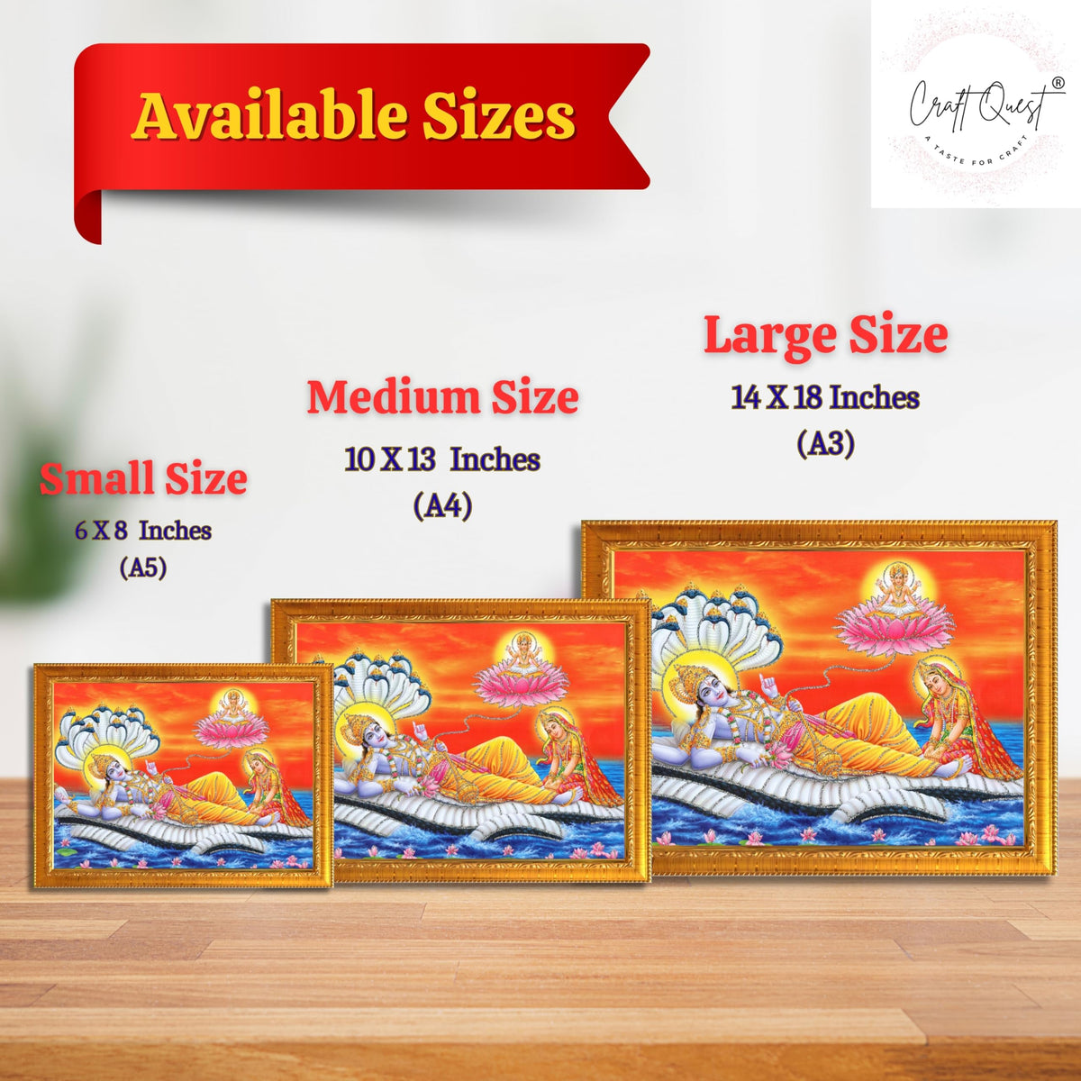 CRAFT QUEST Lord Vishnu and Goddess Lakshmi Giving Blessing on Shesh naag, landscape Glitter Work Painting Synthetic Wood Frame
