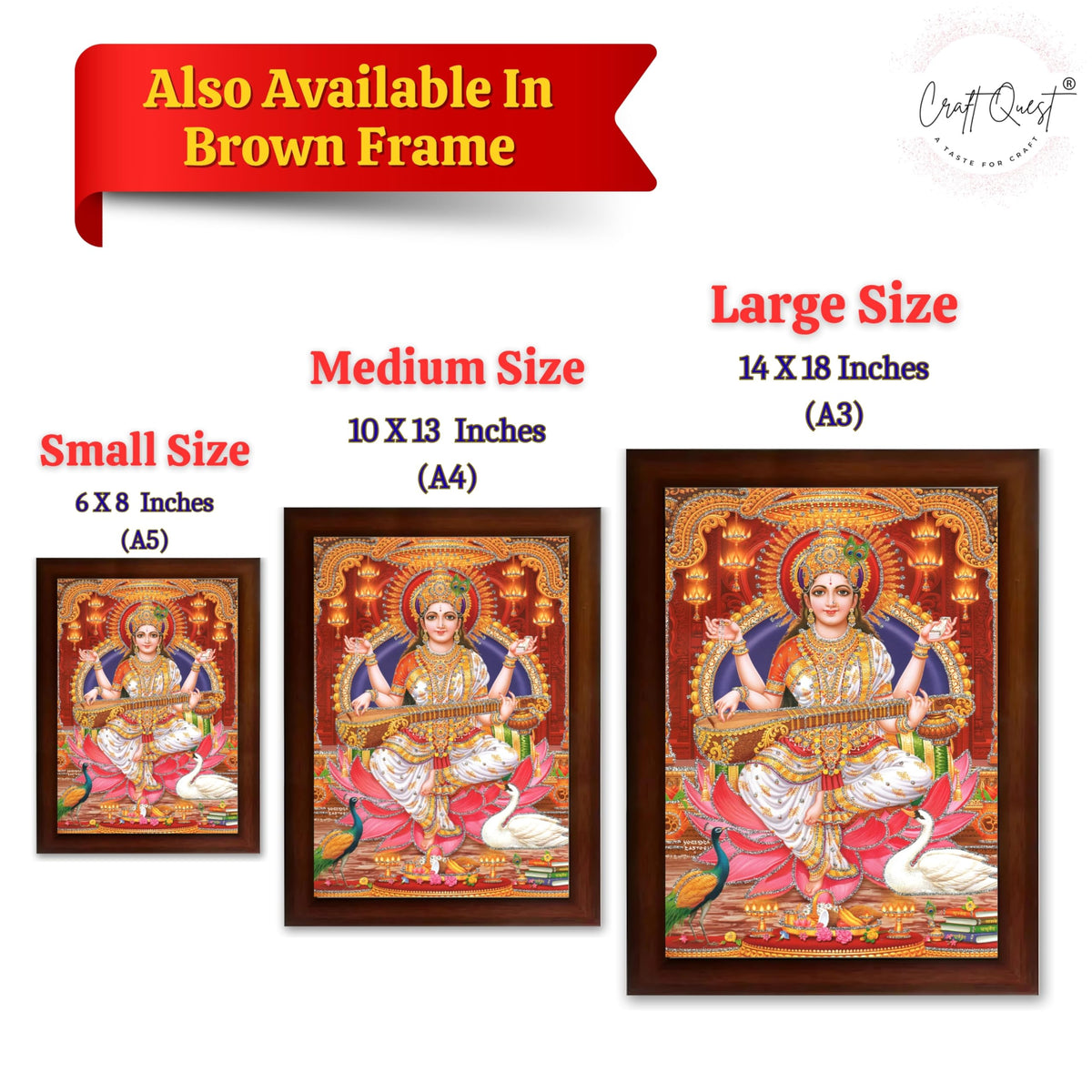 CRAFT QUEST Saraswati Devi Goddess Saraswati Maa Wall Painting Framed Home Decor wooden framed