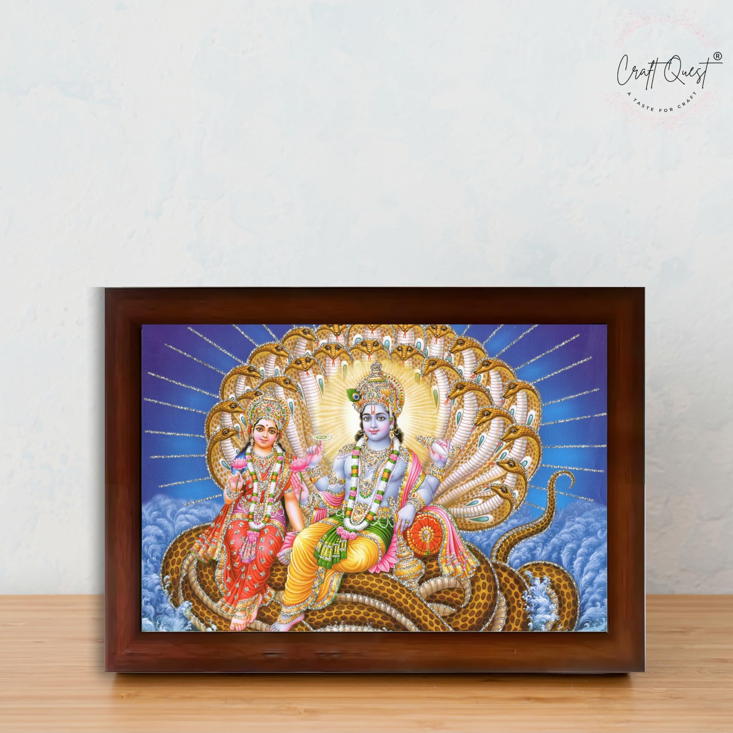 CRAFT QUEST Goddess Lakshmi pressing legs of lord Vishnu on Shesh naag, Glitter Work Painting