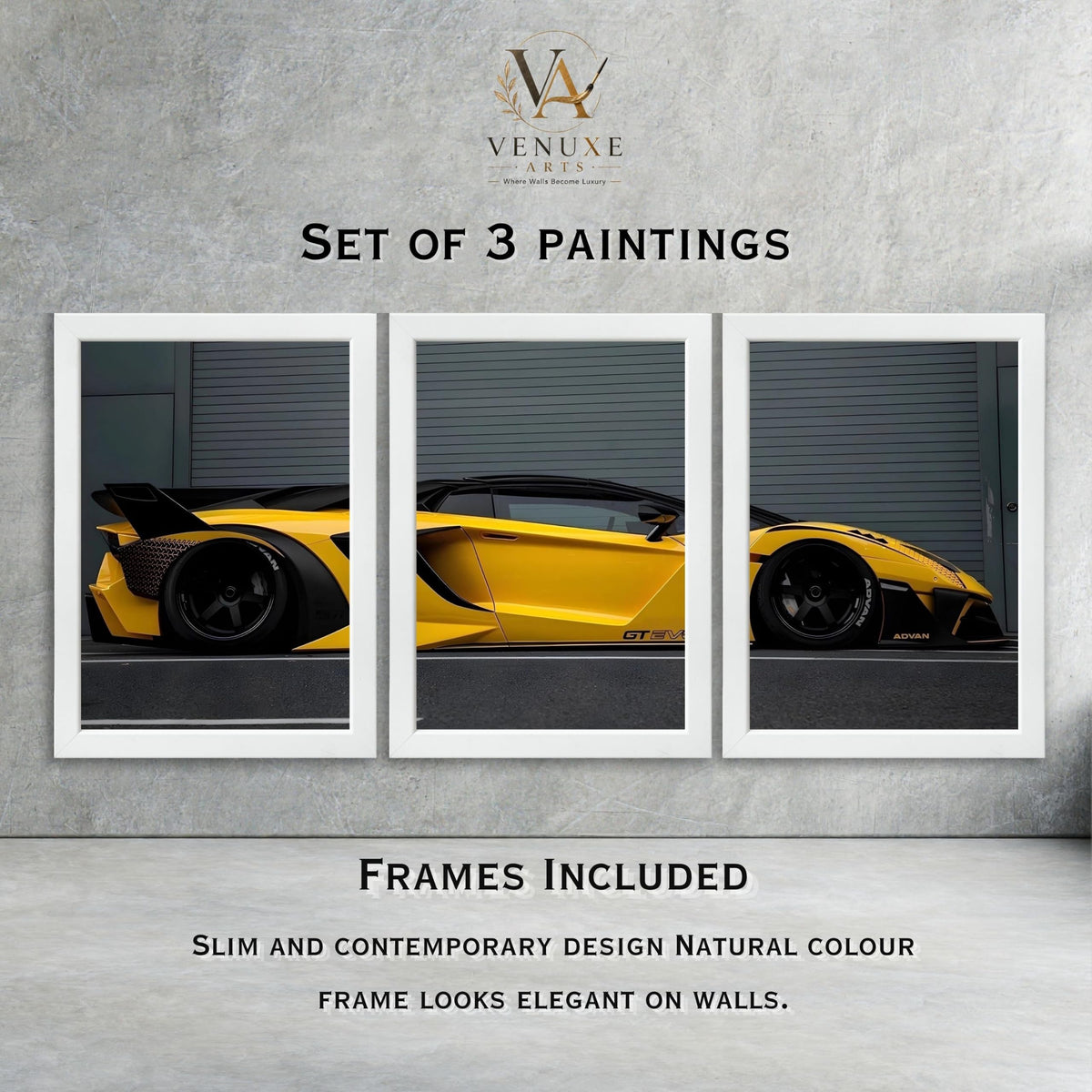 VENUXE ARTS Set Of 3 Big Sports Cars Framed Posters Gift Items for Boys Room Wall Decoration Bedroom Living Room Office Studio Décor | Car Poster Frame for Wall Décor