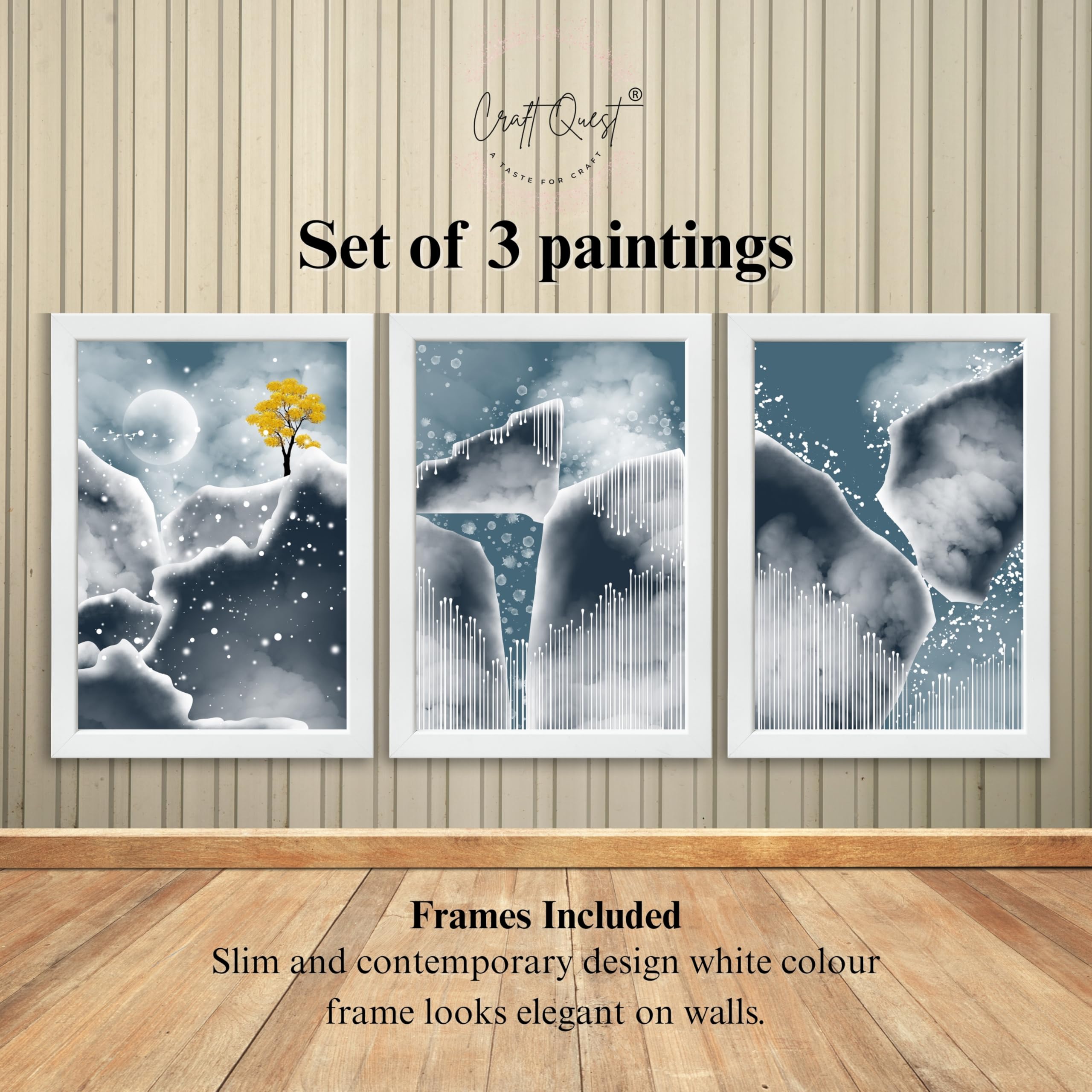 CRAFT QUEST Modern Art Abstract Blue Landscape Wall Art | Set of 3 Frames for Home Decoration | Ideal for Living Room, Bedroom & Offices