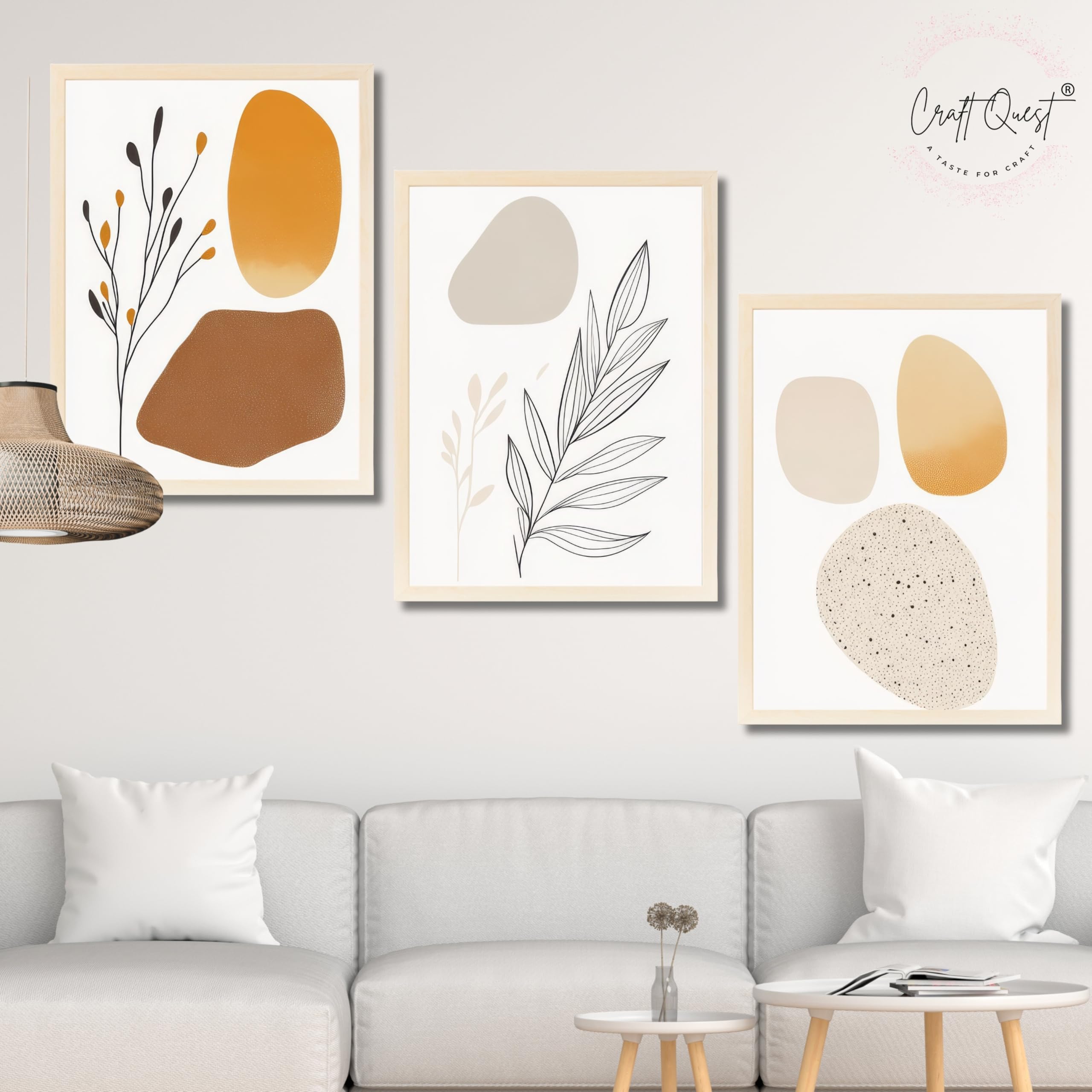 CRAFT QUEST SET OF 3 Organic Abstract Modern Wall Art | Set of 3 Frames for Home Decoration | Ideal for Living Room, Bedroom & Offices