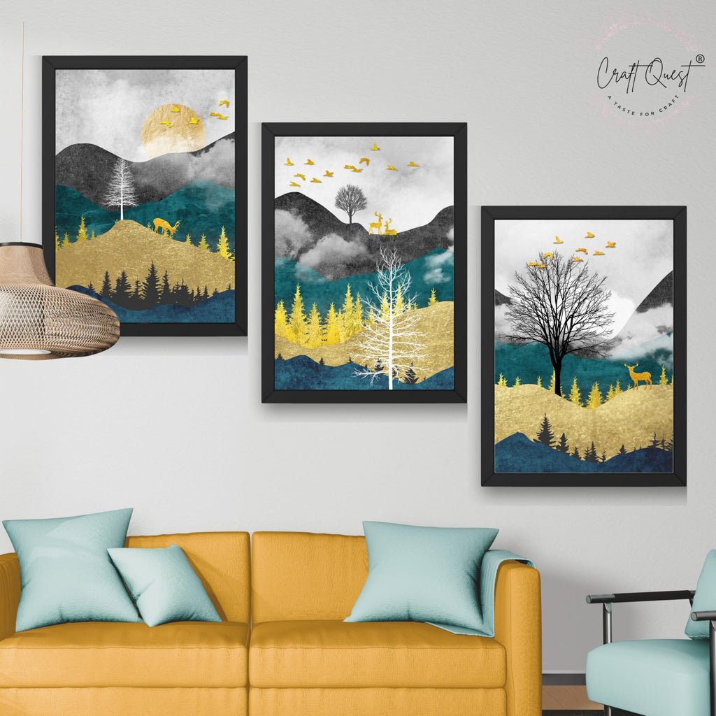 CRAFT QUEST Artistic Composed Abstract Geometric Gold Lines | Set of 3 Frames for Home Decoration | Ideal for Living Room, Bedroom & Offices