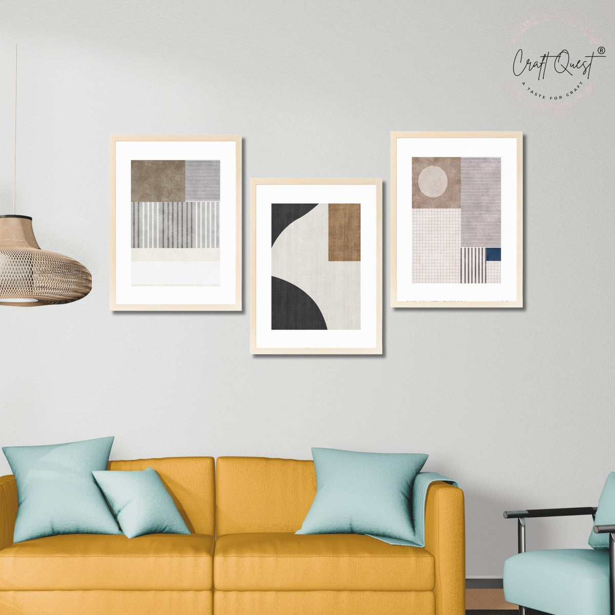 CRAFT QUEST Abstract Geometric Art Painting | Set of 3 Frames for Home Decoration | Ideal for Living Room, Bedroom & Offices
