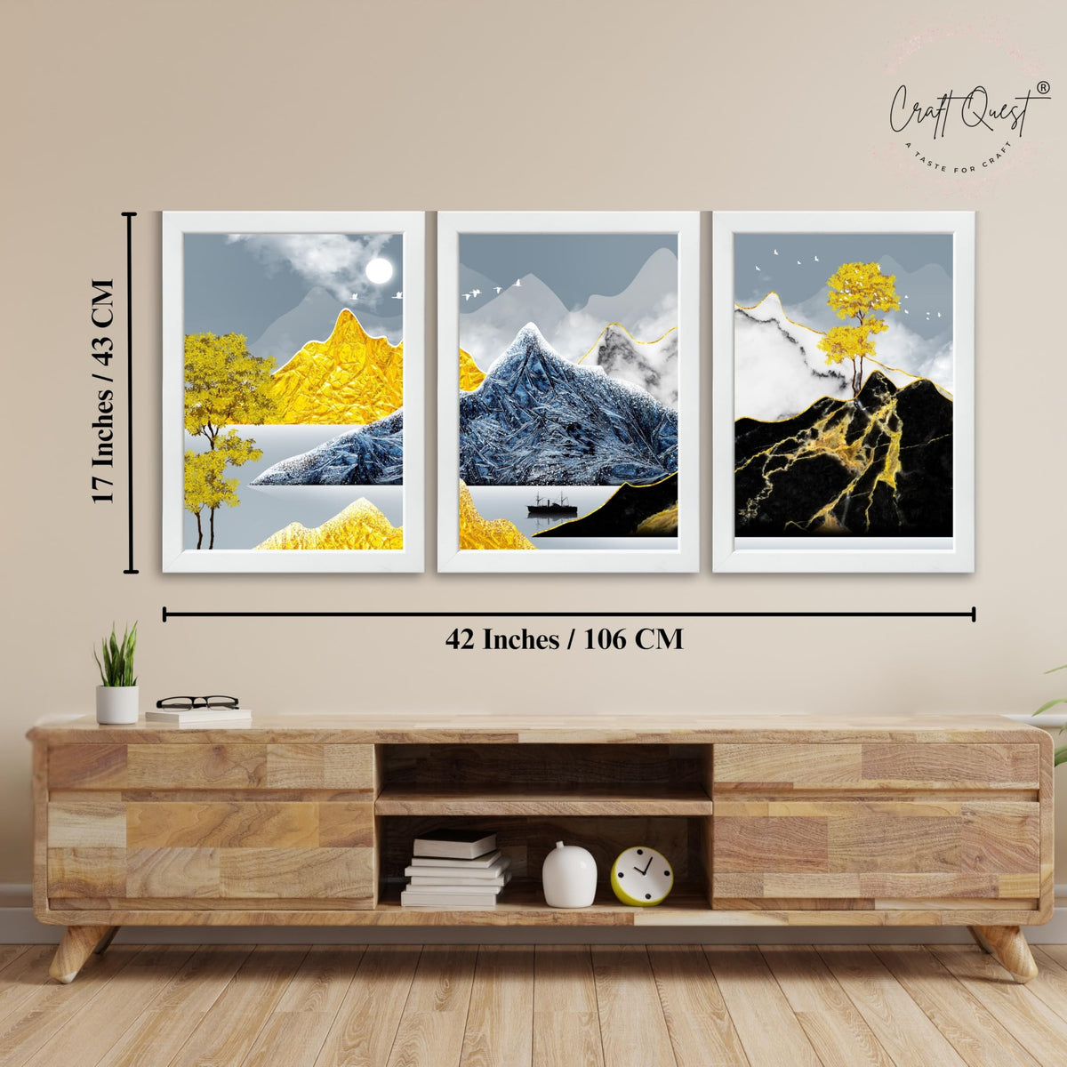 CRAFT QUEST Modern Art Abstract Ink Landscape Wall Art | Set of 3 Frames for Home Decoration | Ideal for Living Room, Bedroom & Offices