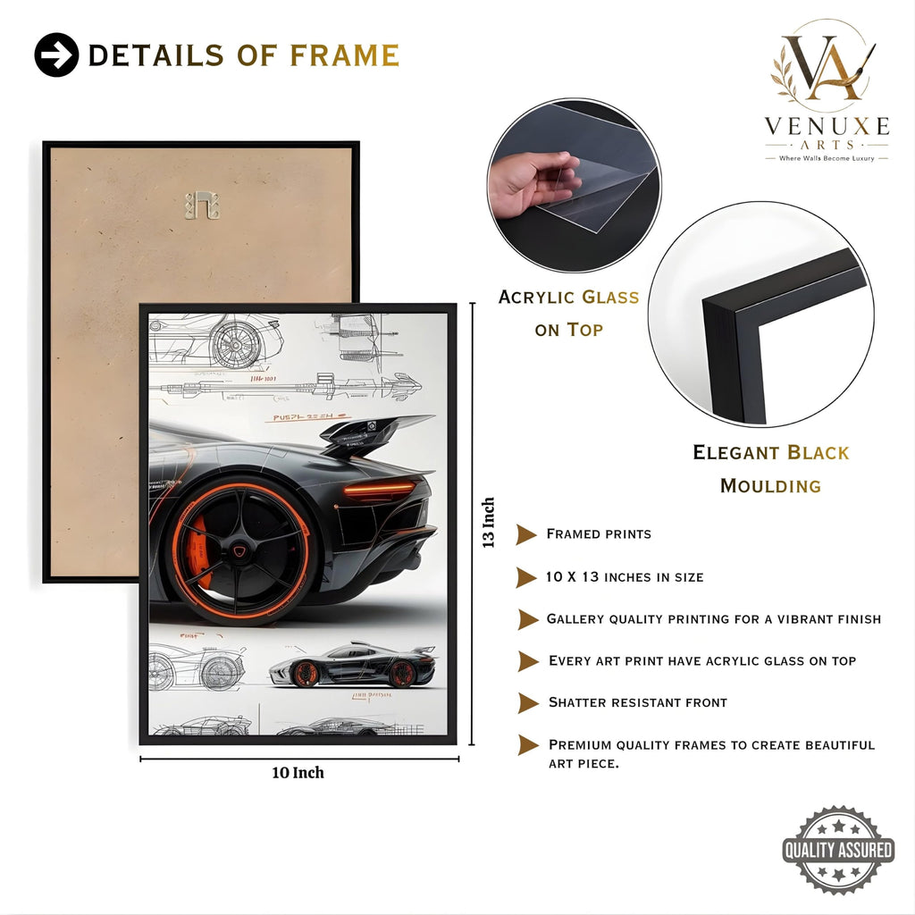 VENUXE ARTS Set Of 3 Big Sports Cars Framed Posters Gift Items for Boys Room Wall Decoration Bedroom Living Room Office Studio Décor | Car Poster Frame for Wall Décor