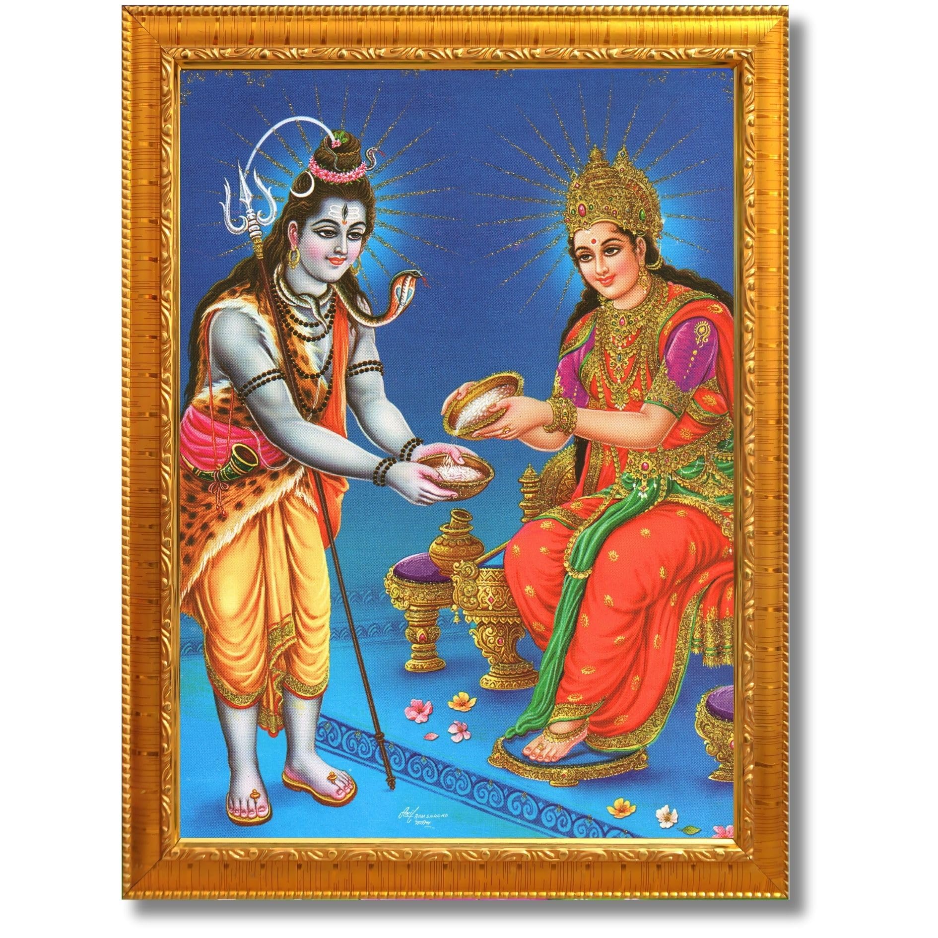 CRAFT QUEST Shiva & Maa Annapurna devi sitting on throne photo frame with Laminated Poster for Kitchen Worship