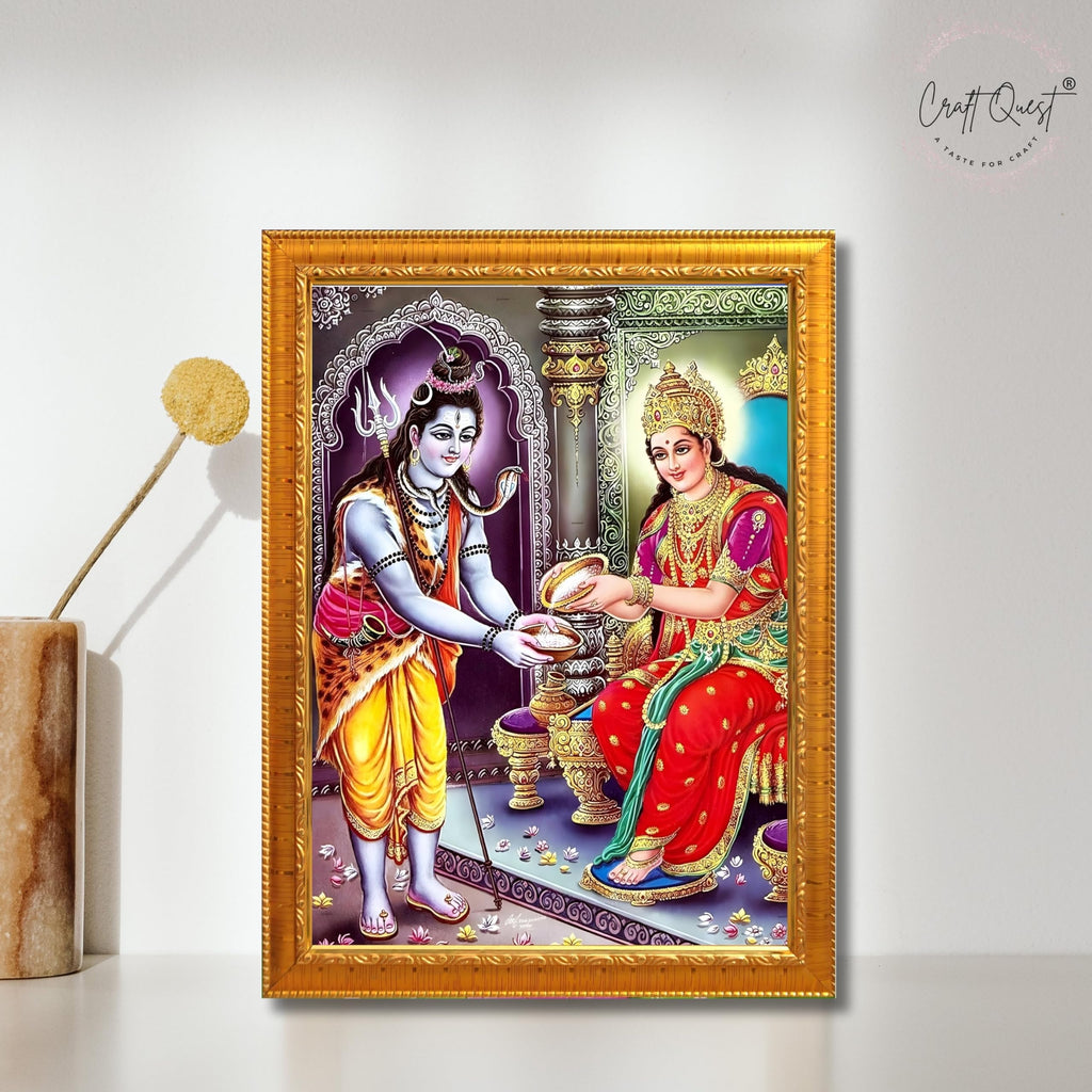 CRAFT QUEST Shiva & Maa Annapurna devi sitting on throne photo frame with Acrylic Glass for Home Kitchen, Restraunt, Business