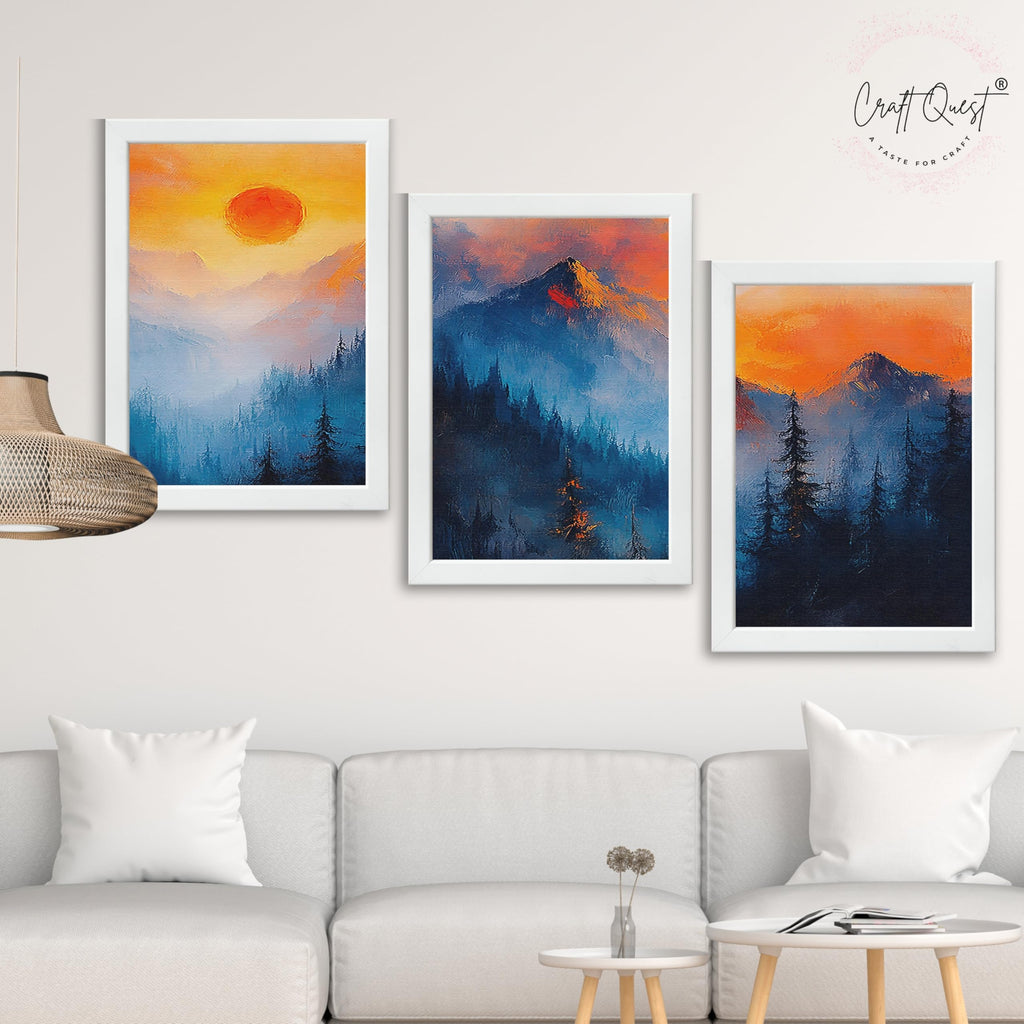 CRAFT QUEST Nature Inspired Landscape With Trees & Mountains Wall Art | Set of 3 Frames for Home Decoration | Ideal for Living Room, Bedroom & Offices