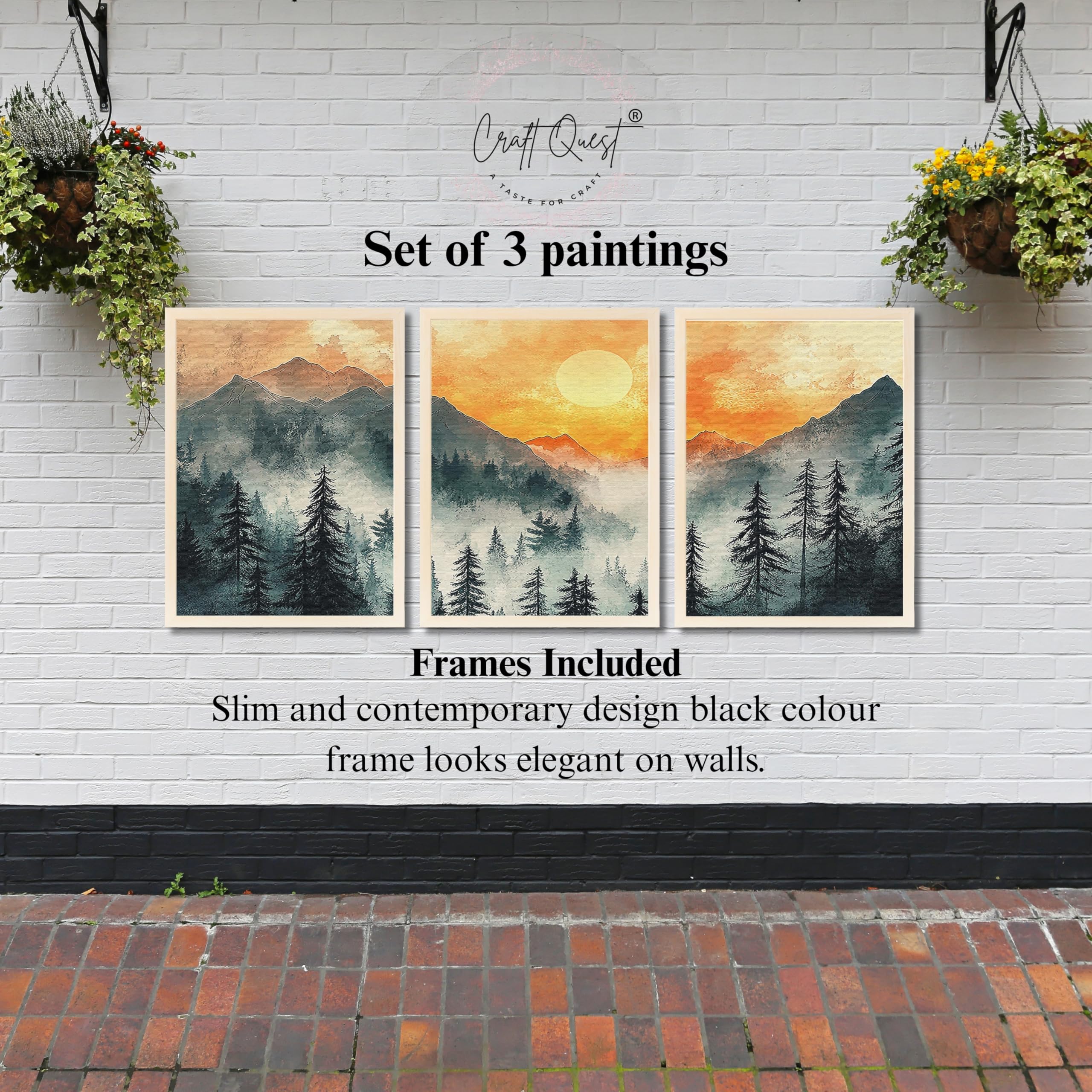 CRAFT QUEST Nature Inspired Paintings With Trees & Mountains Wall Art | Set of 3 Frames for Home Decoration | Ideal for Living Room, Bedroom & Office
