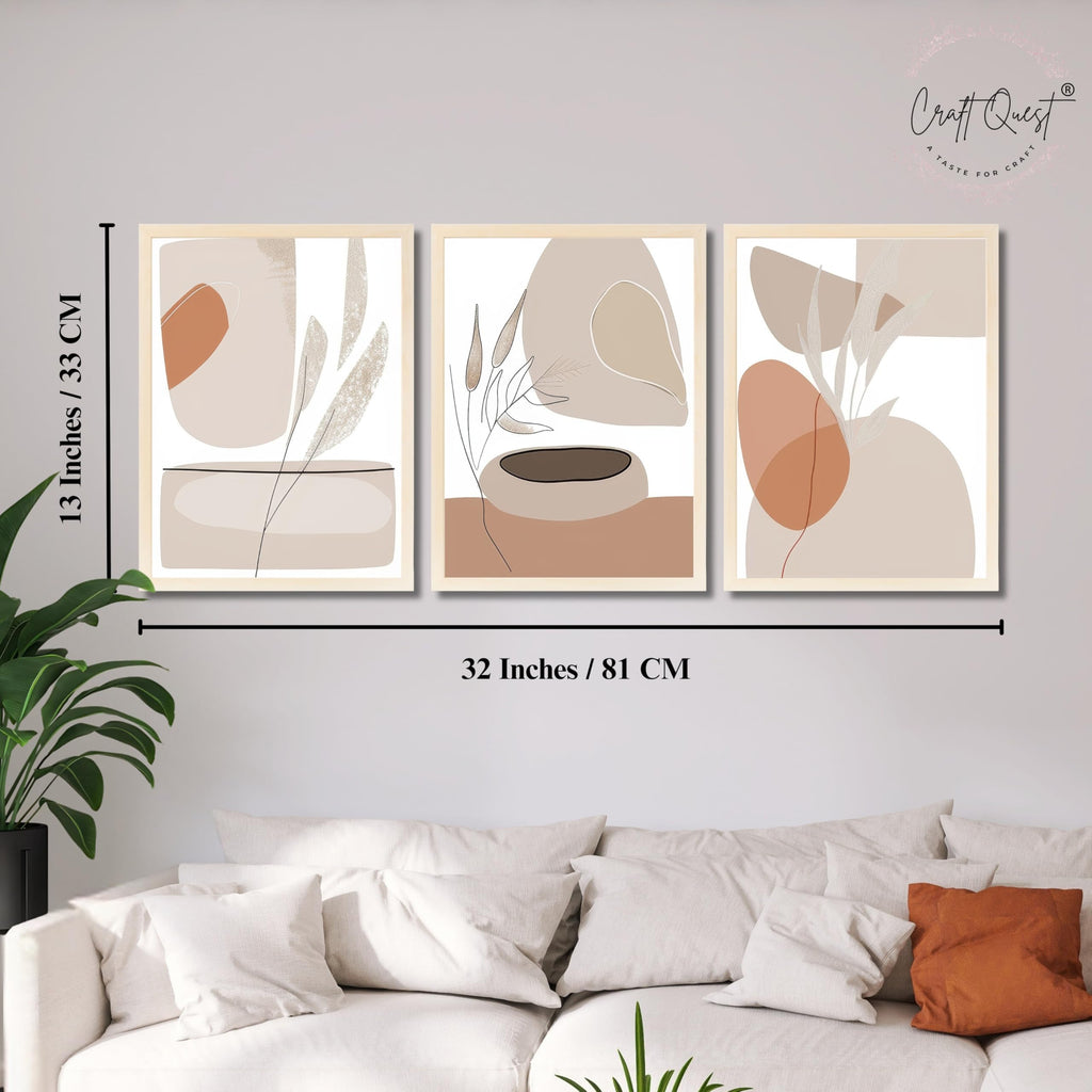 CRAFT QUEST Modern Art White Wall Abstract Wall Art | Set of 3 Frames for Home Decoration | Ideal for Living Room, Bedroom & Offices
