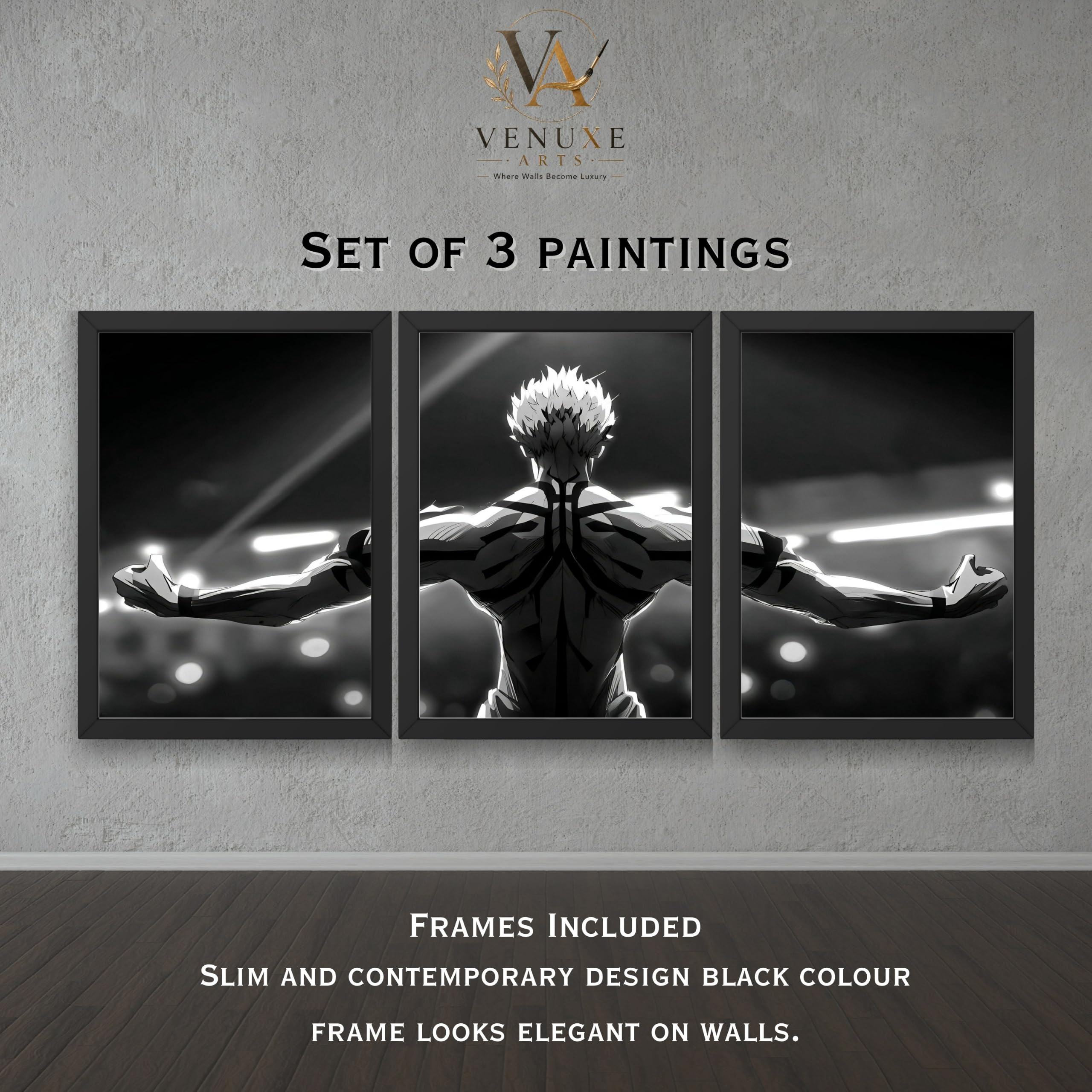 VENUXE ARTS Set Of 3 Anime Characters Wall Framed |Anime Characters Framed Poster for Living Room Bedroom Gaming Room Studio Wall Decor