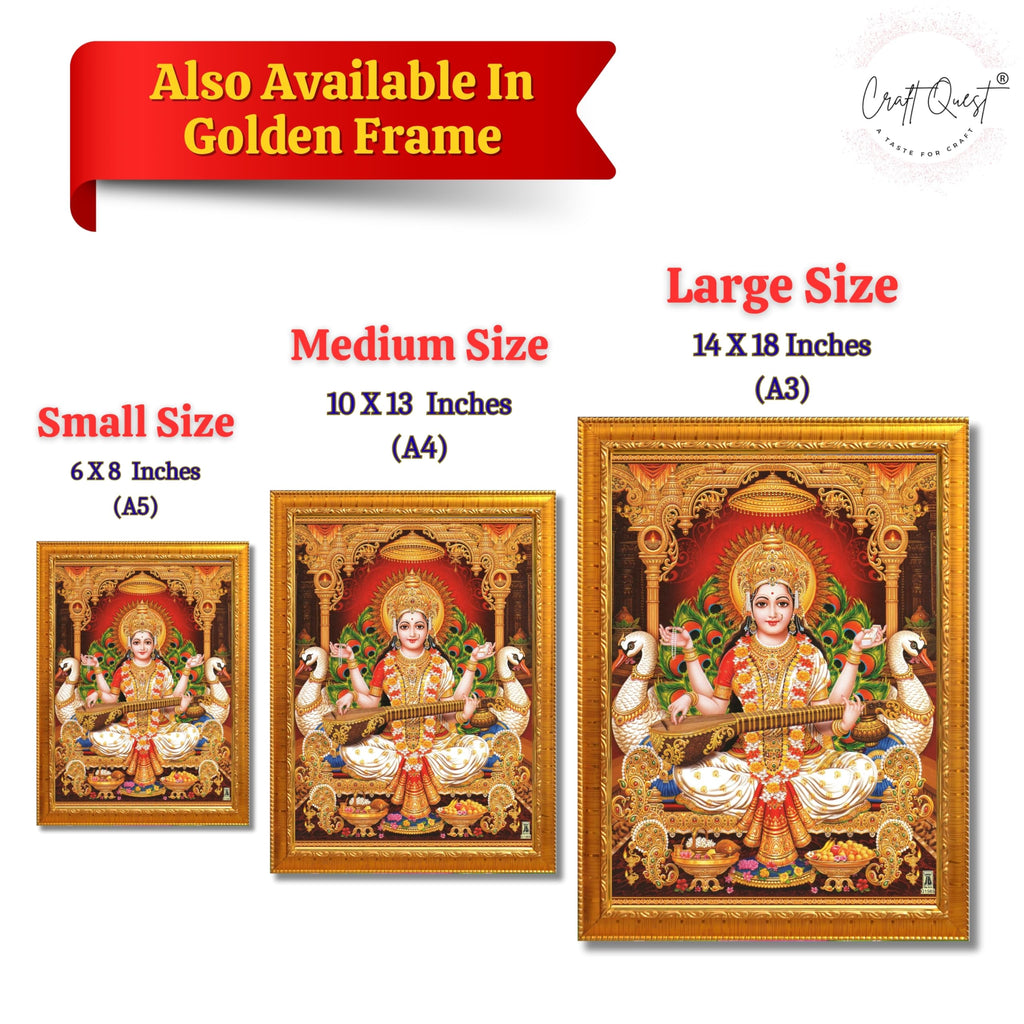 CRAFT QUEST Saraswati Devi Goddess Saraswathi Maa Wall Painting Framed For Home Décor Synthetic wooden Framed
