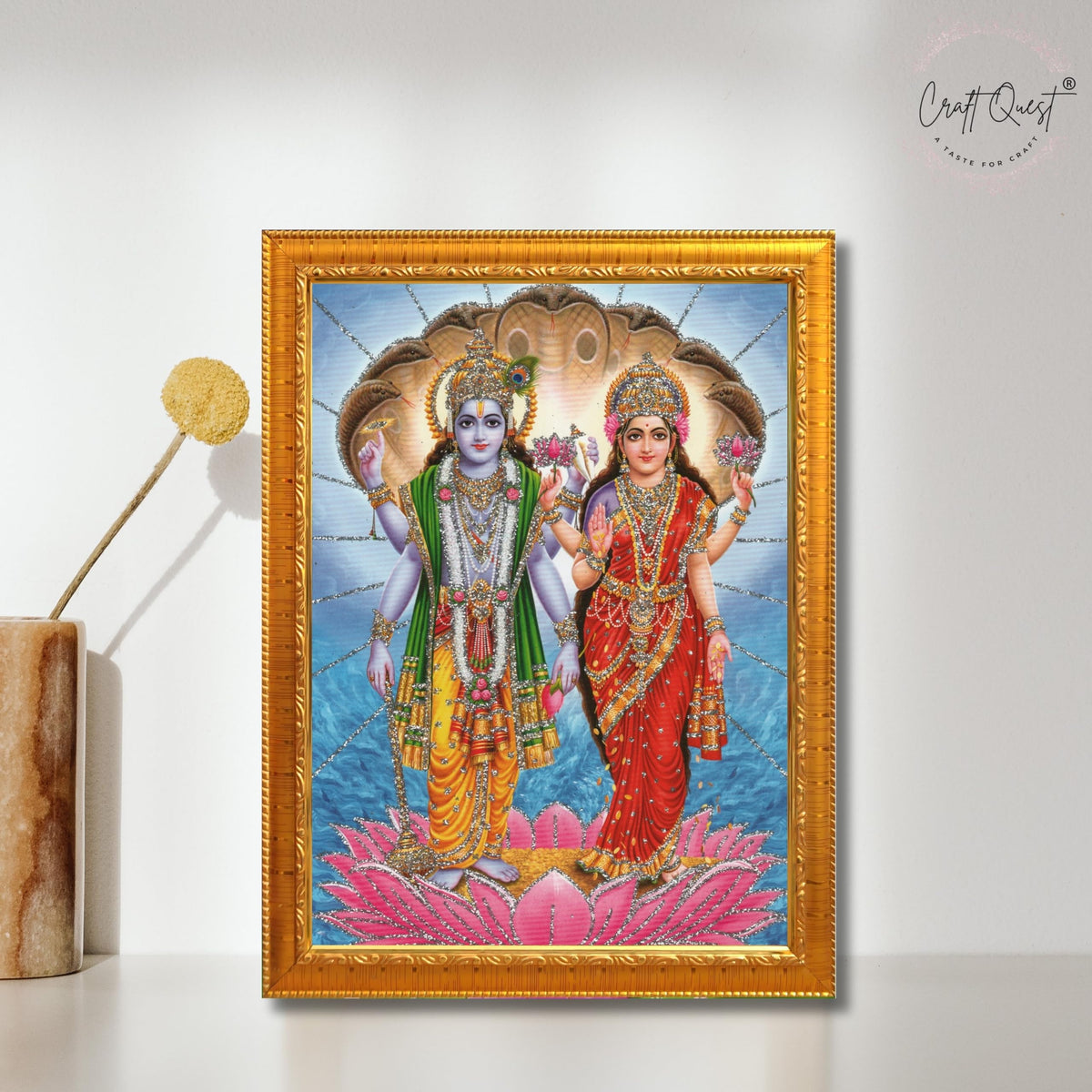 CRAFT QUEST Lord Vishnu Dev Lakshmi Devi Laxmi Narayan Ji Wall Painting Framed Home Decor, Religious Photo Frame