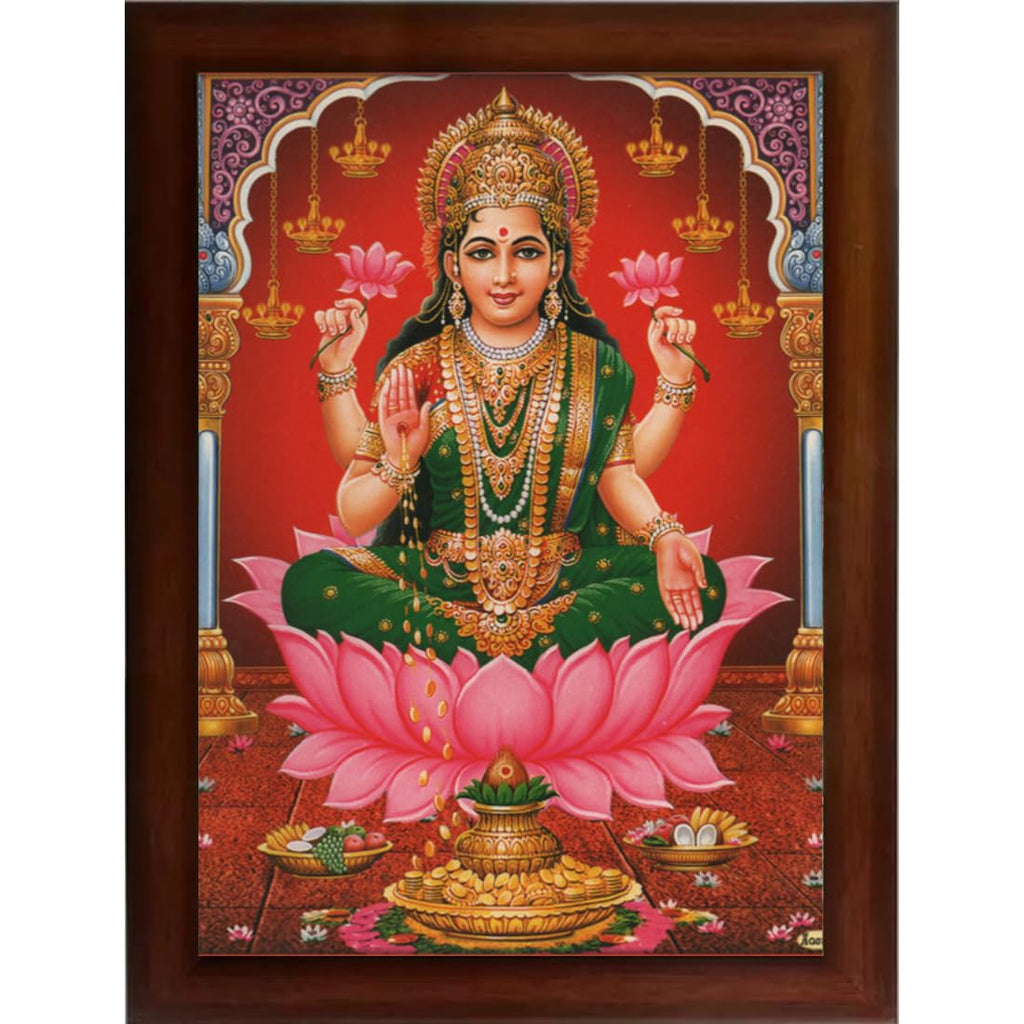 CRAFT QUEST Goddess Lakshmi Devi Dhana Vaibhav Laxmi Maa Wall Painting Framed Home Decor (Synthetic, Matte Finish, Brown, Medium Size, 14 X 10 Inch)