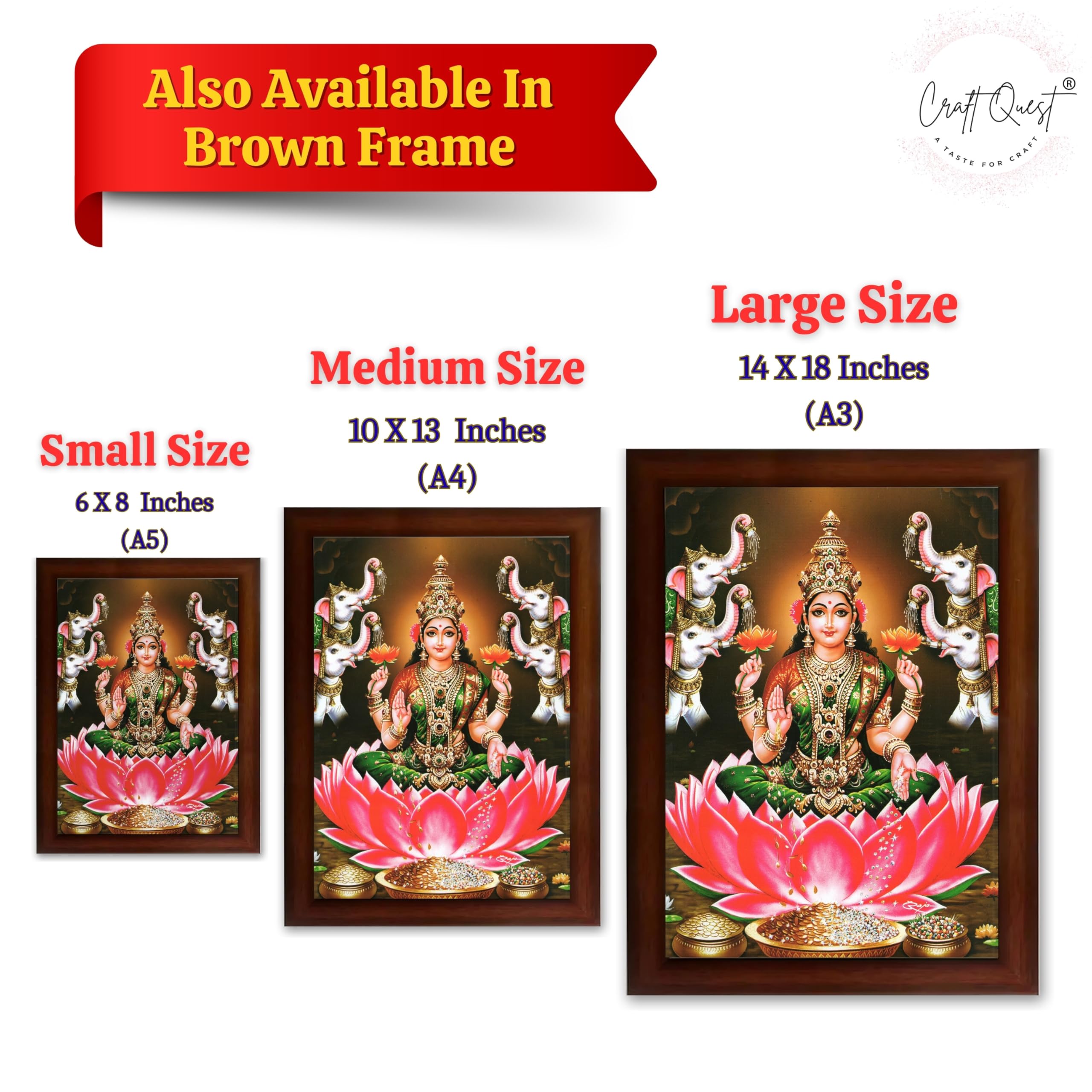 CRAFT QUEST Goddess Lakshmi Devi Vaibhav Laxmi Maa Wall Painting Photo Framed | Ideal for Home, Office, Temple & Puja Room, Wall Decor