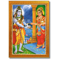 CRAFT QUEST Shiva & Maa Annapurna devi sitting on throne photo frame with Laminated Poster for Kitchen Worship