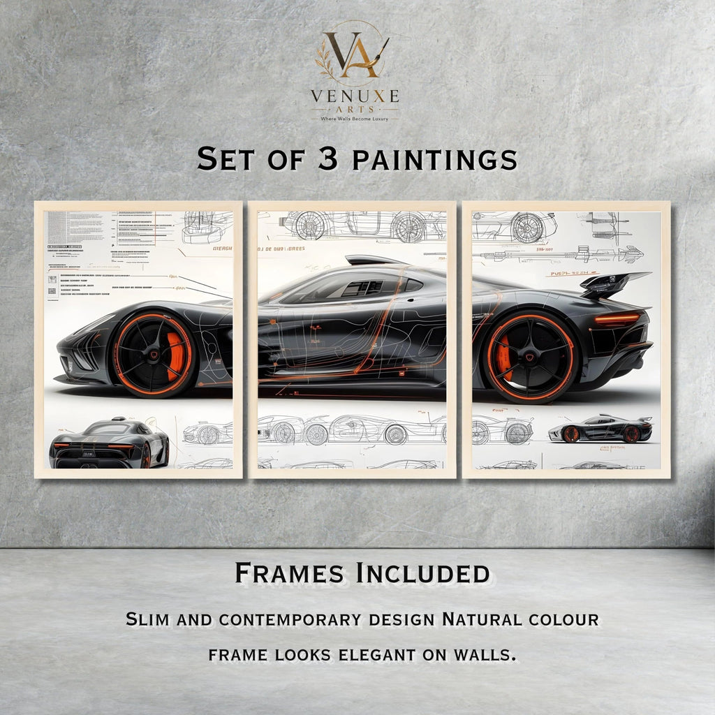 VENUXE ARTS Set Of 3 Big Sports Cars Framed Posters Gift Items for Boys Room Wall Decoration Bedroom Living Room Office Studio Décor | Car Poster Frame for Wall Décor