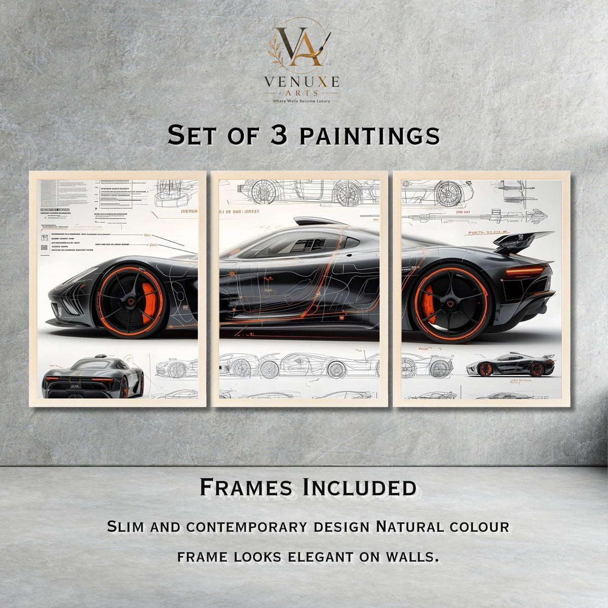 VENUXE ARTS Set Of 3 Big Sports Cars Framed Posters Gift Items for Boys Room Wall Decoration Bedroom Living Room Office Studio Décor | Car Poster Frame for Wall Décor
