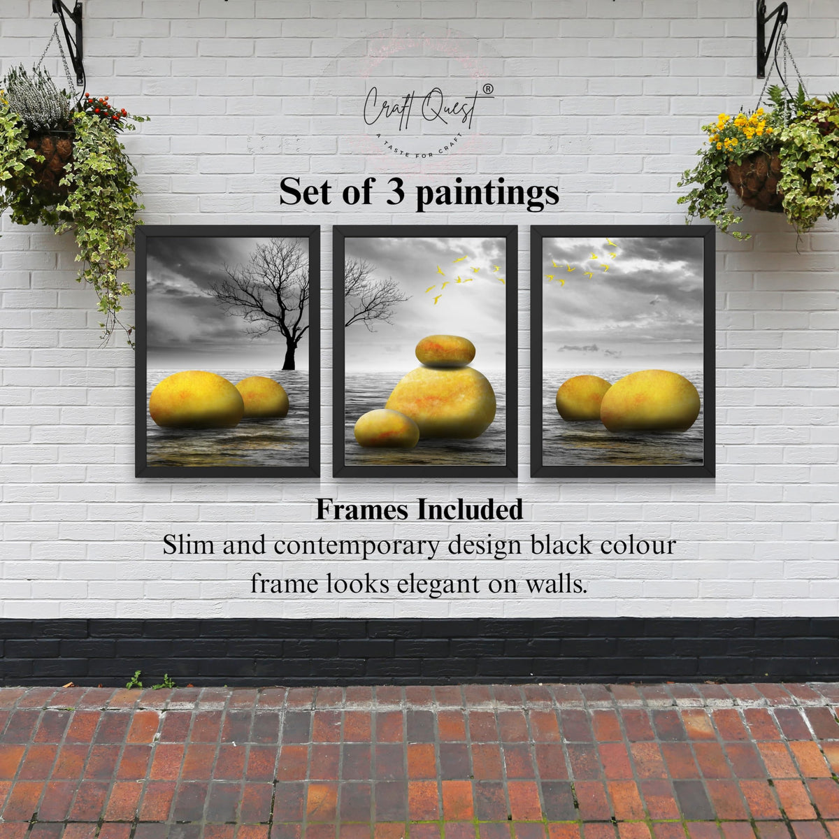 CRAFT QUEST Modern Abstract Golden Stone Art | Set of 3 Frames for Home Decoration | Ideal for Living Room, Bedroom & Offices