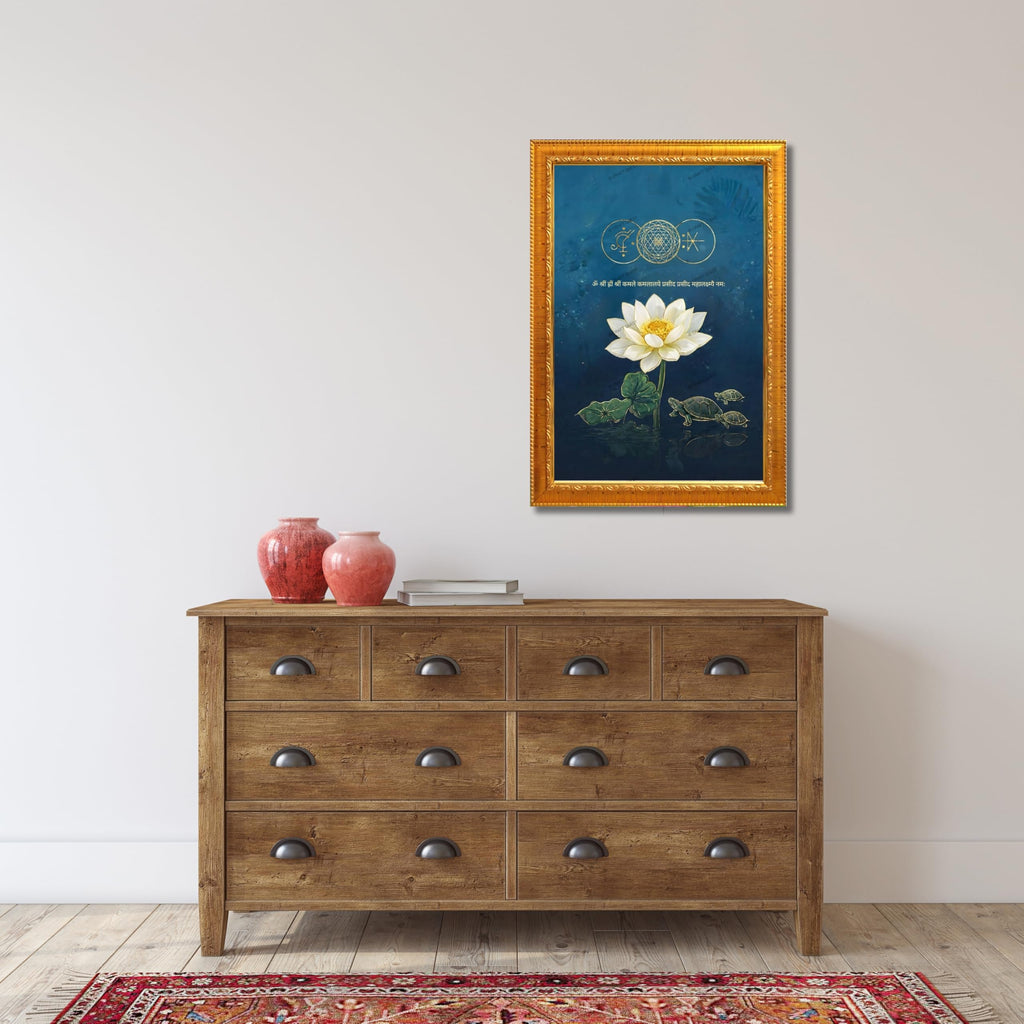 CRAFT QUEST Shree Yantra Wealth Attraction Wall Art with Lakshmi Lotus & Tortoise – Vastu Energy Poster for Prosperity, Money Flow & Stability Photo Frame for Home, Office (Golen, 10 X 13 Inches)