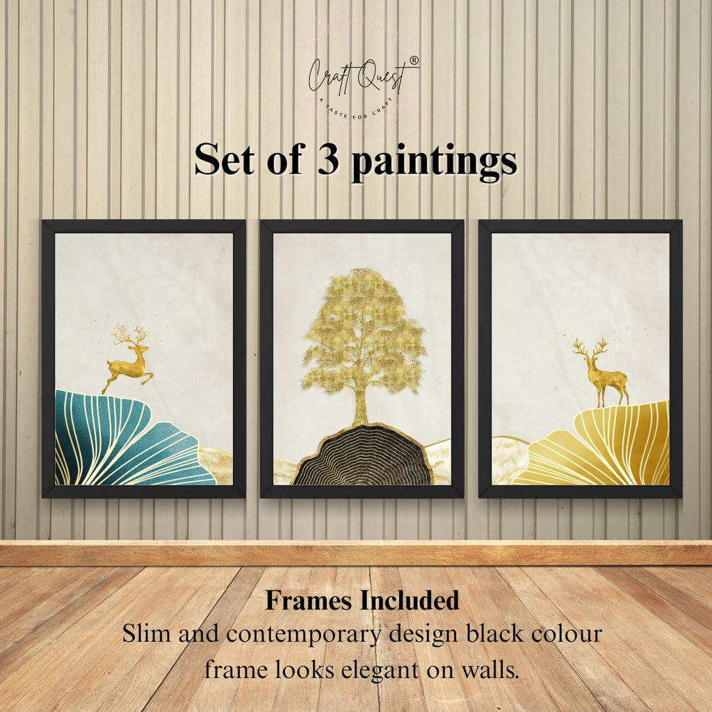 CRAFT QUEST Modern Art Landscape Of Golden Tree & Deer Wall Art | Set of 3 Frames for Home Decoration | Ideal for Living Room, Bedroom & Offices