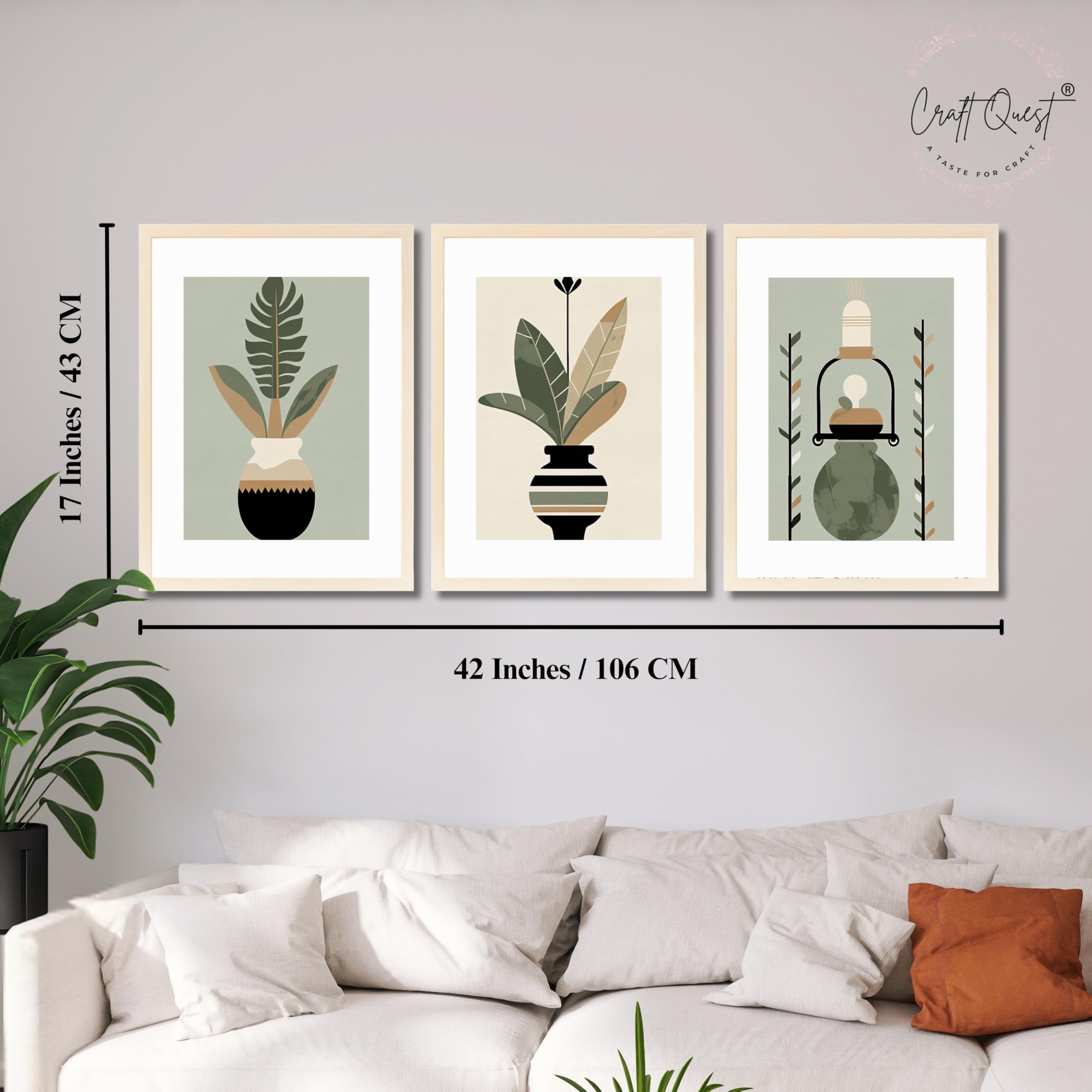 CRAFT QUEST Boho Leaves & Flowers Geometric Abstract | Set of 3 Frames for Home Decoration | Ideal for Living Room, Bedroom & Offices