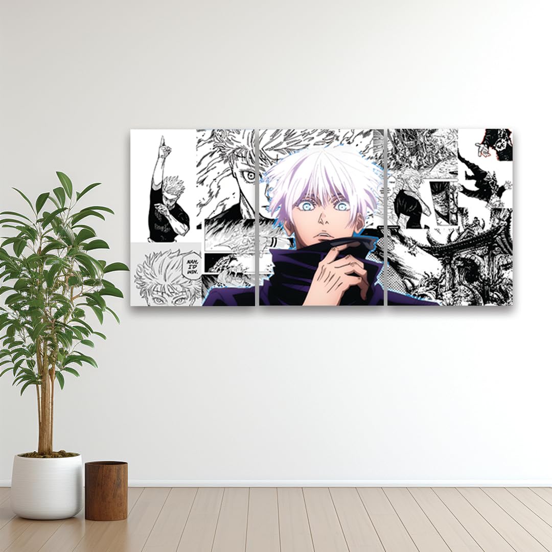 zenithink Gojo Jujutsu Kaisen Wall Poster Pack Of 3-A4 Size, 300 GSM Included Glue Dots, Paper Home Decor Art Poster For Bedroom, Living room, Office, No Frame