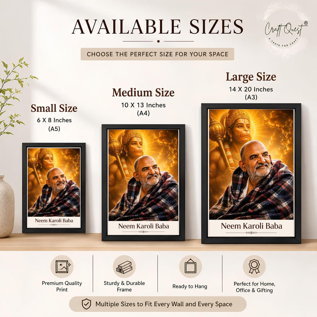 CRAFT QUEST Neem Karoli Baba Maharaj Ji Smiling Portrait Photo Frame for Wall | Spiritual Guru Religious Wall Art | Devotional Photo for Home, Mandir, Puja Room & Gifting