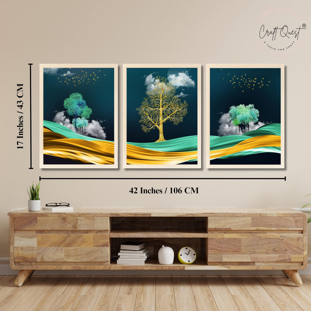 CRAFT QUEST Modern Art Mural With Golden Tree & Birds Wall Art | Set of 3 Frames for Home Decoration | Ideal for Living Room, Bedroom & Offices