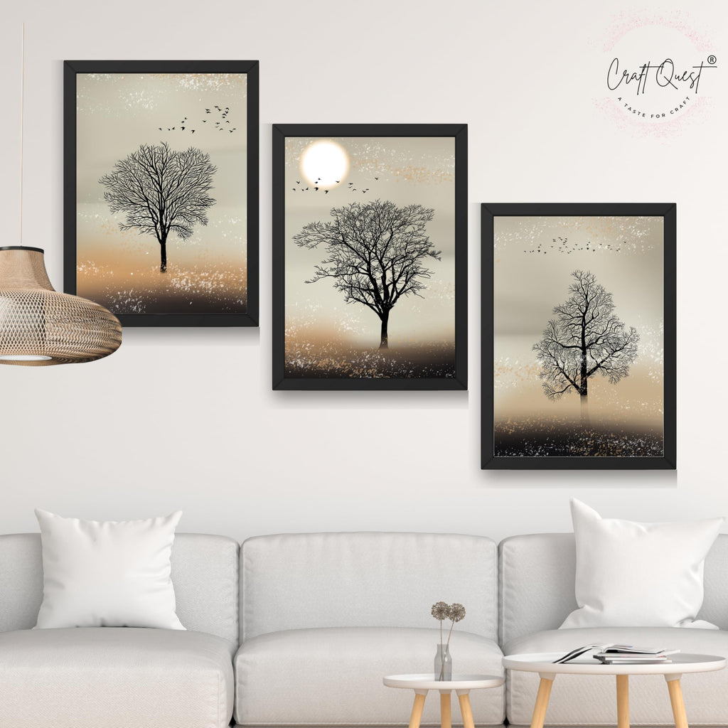 CRAFT QUEST Nature Inspired Landscape With Black Trees Modern Wall Art | Set of 3 Frames for Home Decoration | Ideal for Living Room, Bedroom & Office