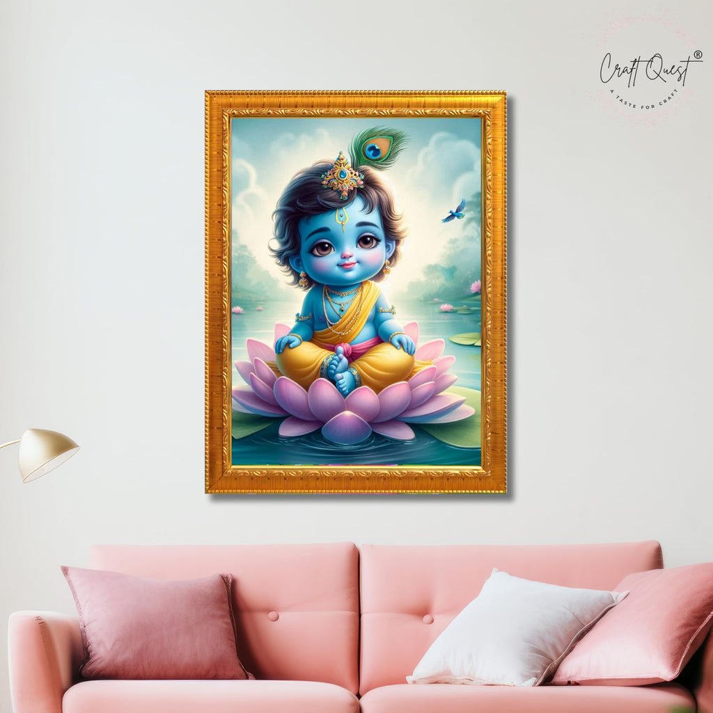 CRAFT QUEST Cute Baby Krishna HD Print | Little Krishna Frame for Home Temple, Office Desk, Décor Item