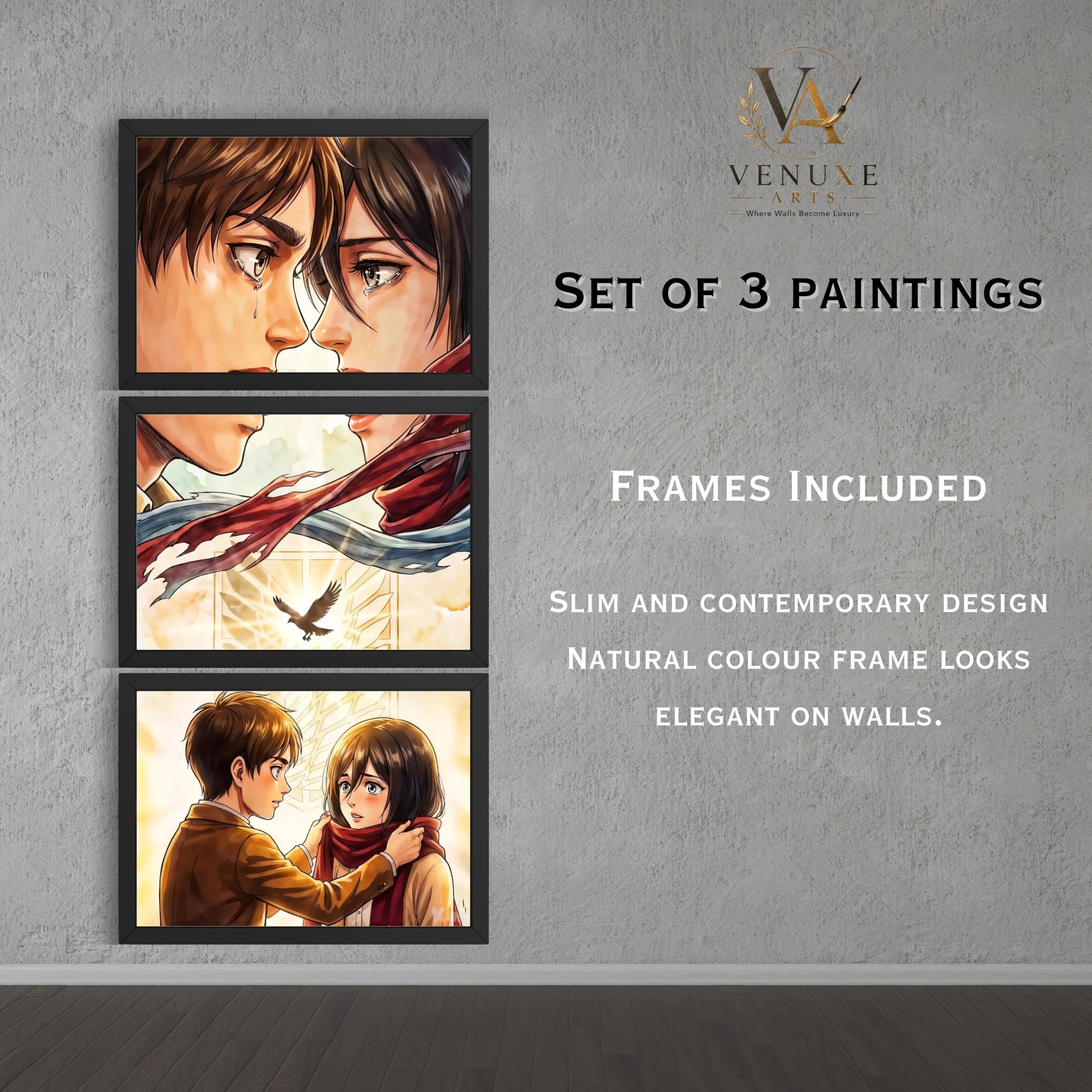 VENUXE ARTS Set Of 3 Anime Characters Wall Framed |Anime Characters Framed Poster for Living Room Bedroom Gaming Room Studio Wall Decor