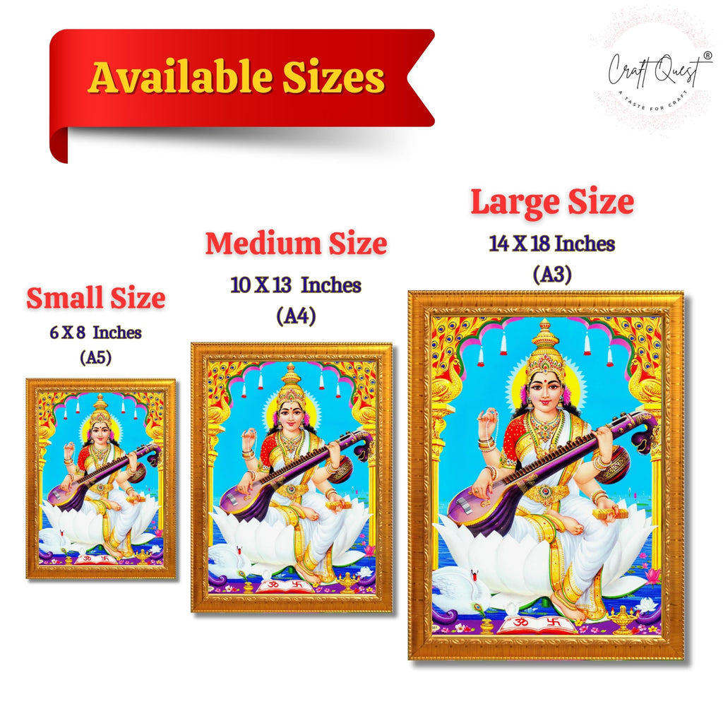 CRAFT QUEST Saraswati Devi Goddess Saraswathi Maa Wall Painting Sparkle Coated Framed Home Décor Synthetic wood Frame